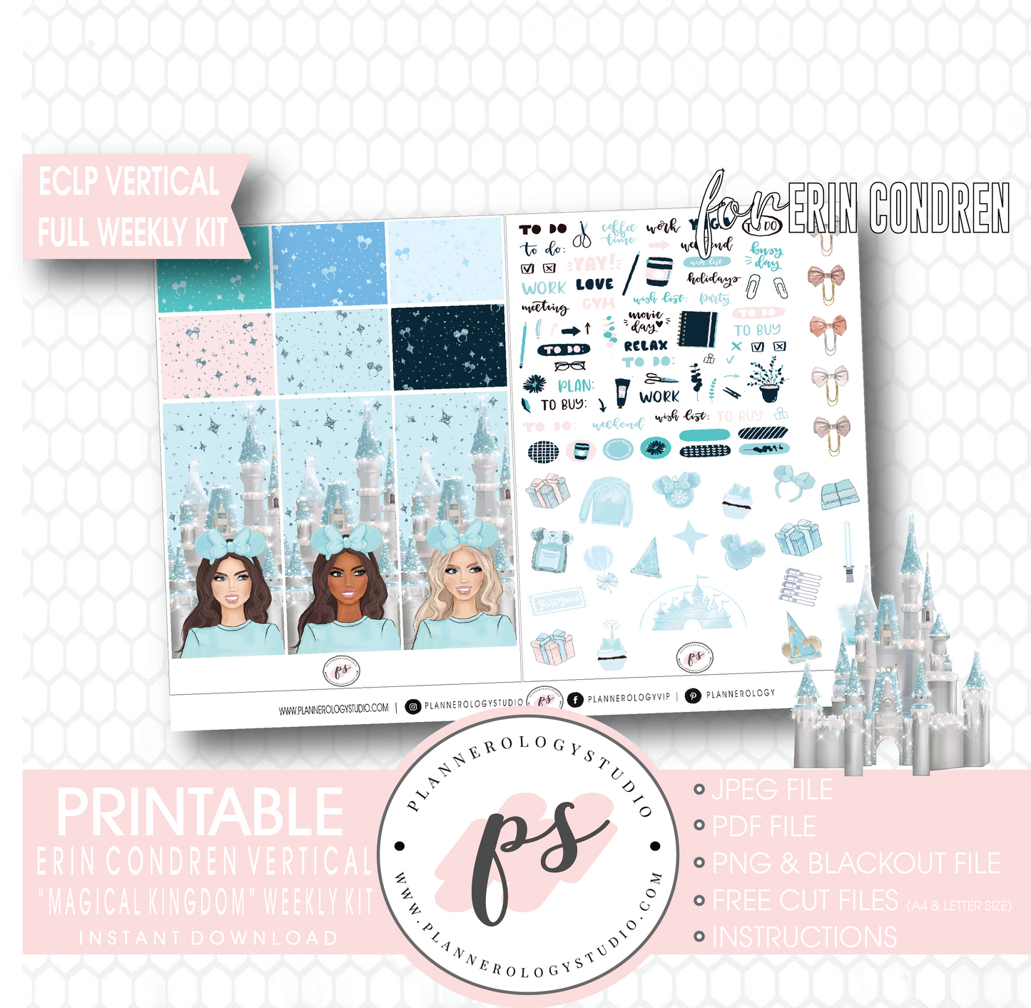Magical Kingdom (Disney Inspired) Full Weekly Kit Printable Planner Digital Stickers (for use with Erin Condren Vertical) - Plannerologystudio