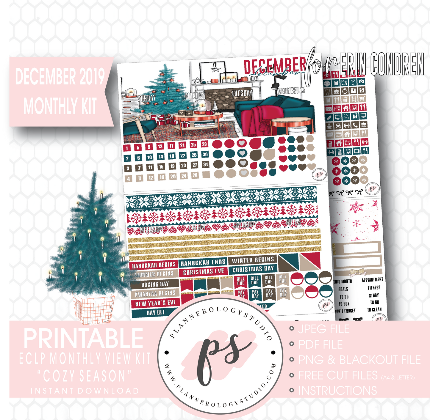 Cozy Season (Christmas) December 2019 Monthly View Kit Digital Printable Planner Stickers (for use with Erin Condren) - Plannerologystudio