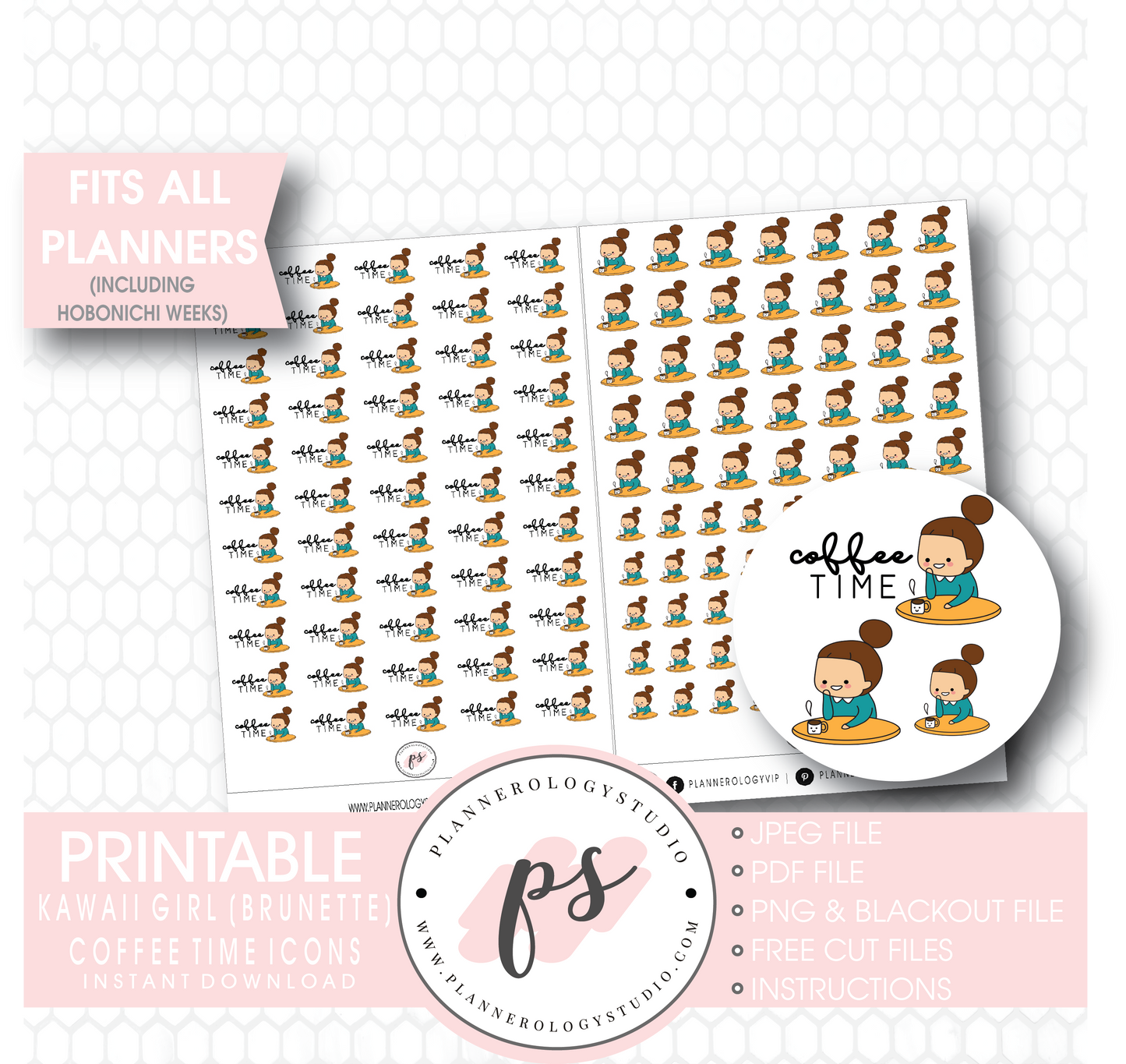 Coffee Time Icon Kawaii Girl (Brunette) Digital Printable Planner Stickers - Plannerologystudio