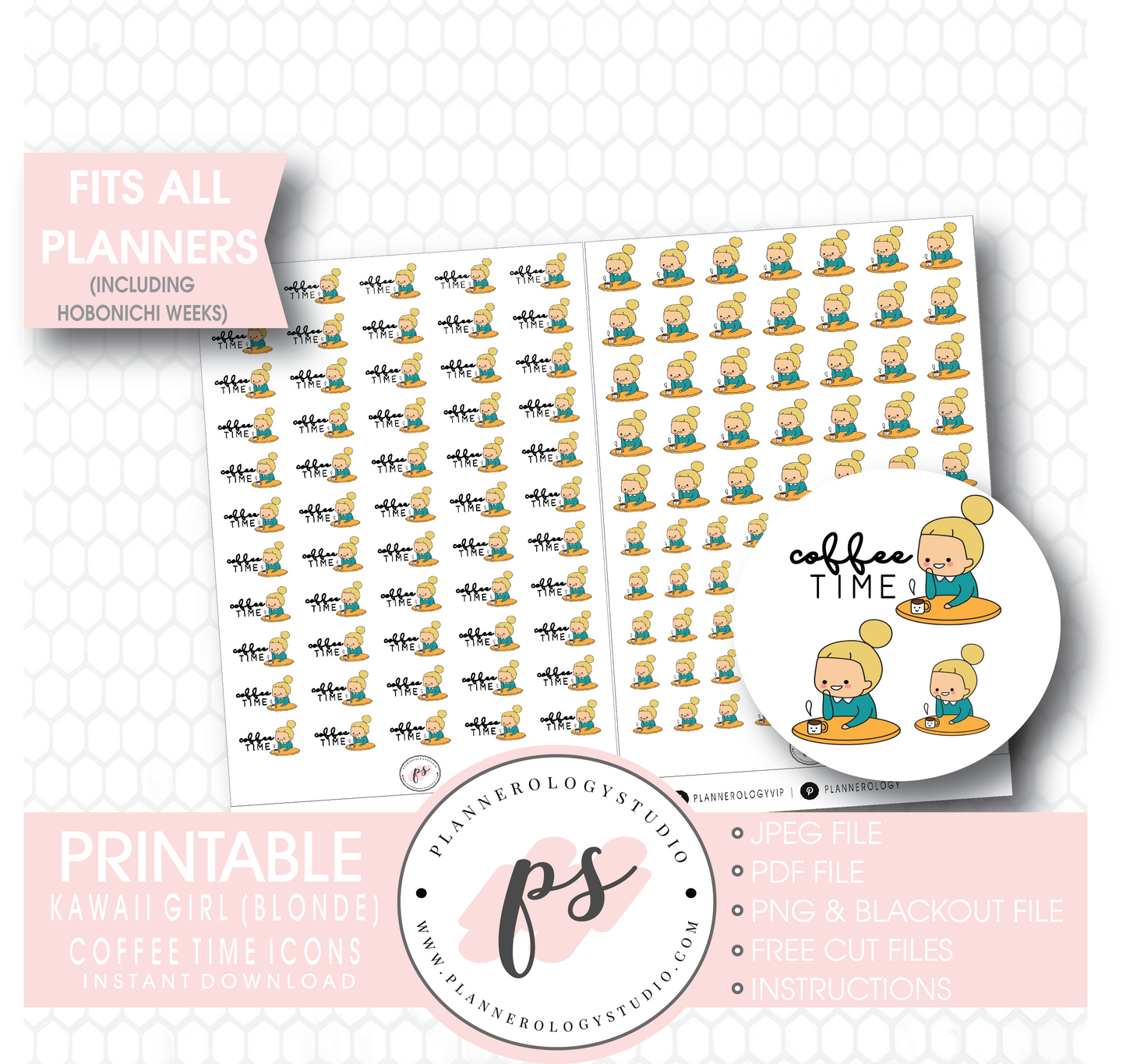 Coffee Time Icon Kawaii Girl (Blonde) Digital Printable Planner Stickers - Plannerologystudio