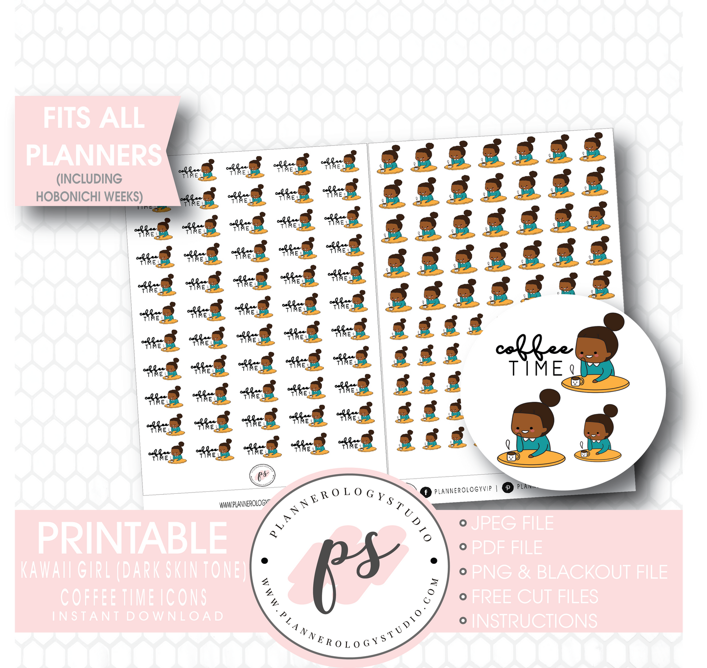 Coffee Time Icon Kawaii Girl (Dark Skin Tone) Digital Printable Planner Stickers - Plannerologystudio