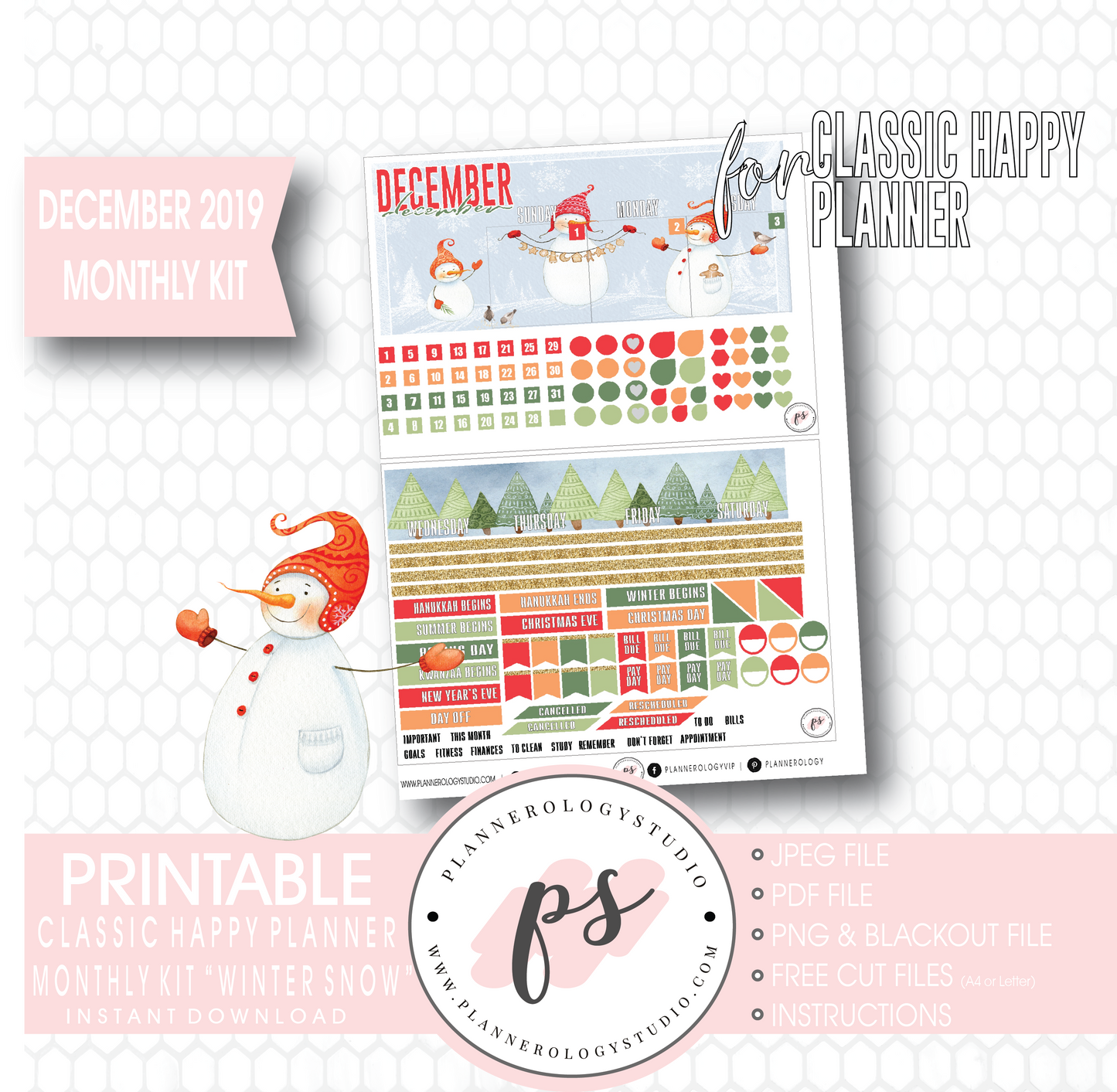 Winter Snow December 2019 Monthly View Kit Digital Printable Planner Stickers (for use with Classic Happy Planner) - Plannerologystudio