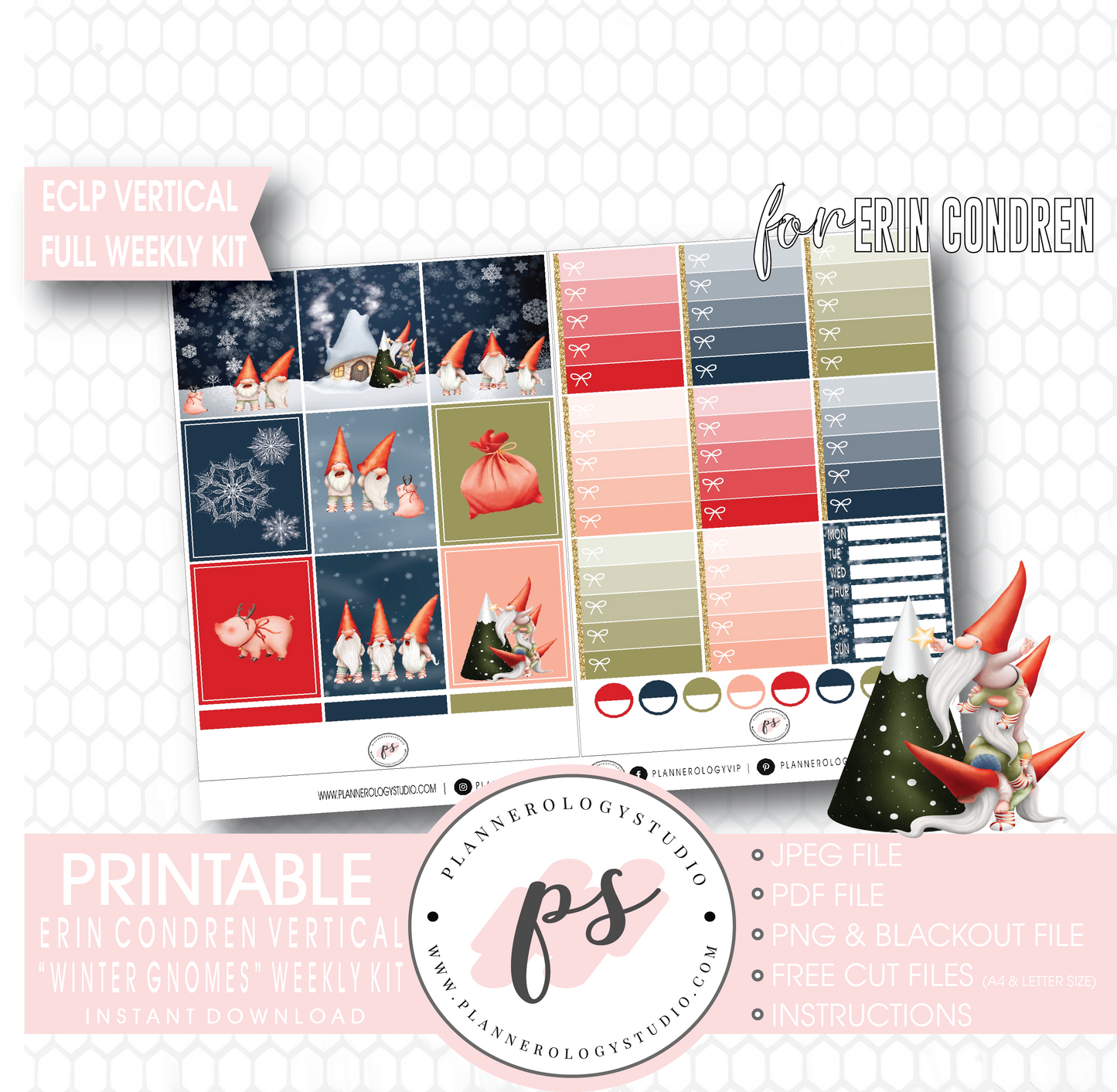 Winter Gnomes Full Weekly Kit Printable Planner Digital Stickers (for use with Erin Condren Vertical) - Plannerologystudio