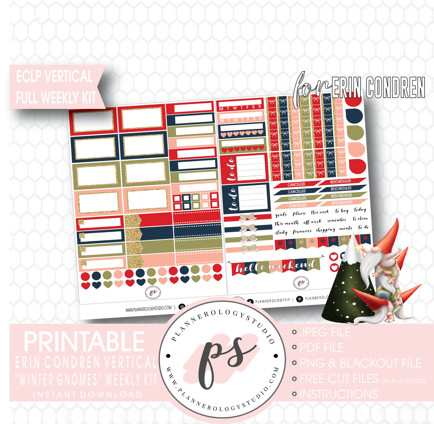 Winter Gnomes Full Weekly Kit Printable Planner Digital Stickers (for use with Erin Condren Vertical) - Plannerologystudio