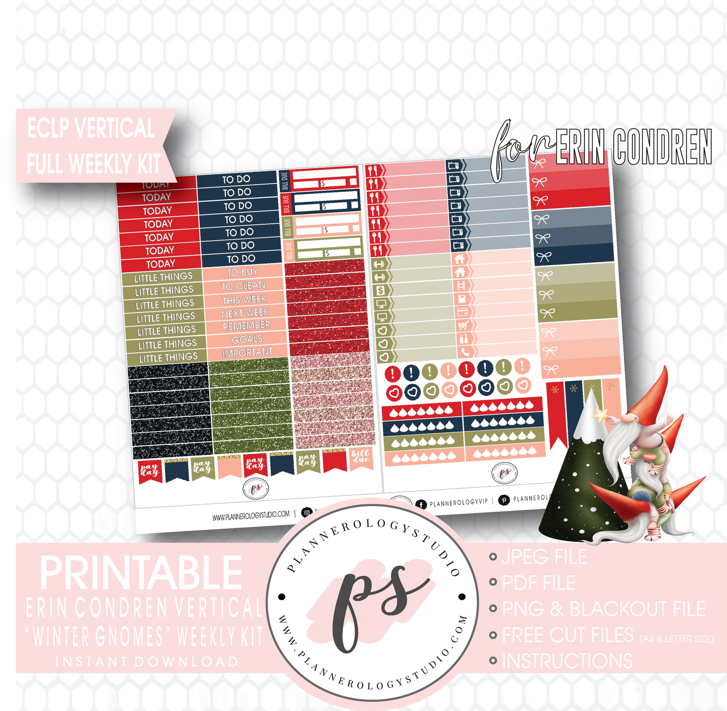 Winter Gnomes Full Weekly Kit Printable Planner Digital Stickers (for use with Erin Condren Vertical) - Plannerologystudio