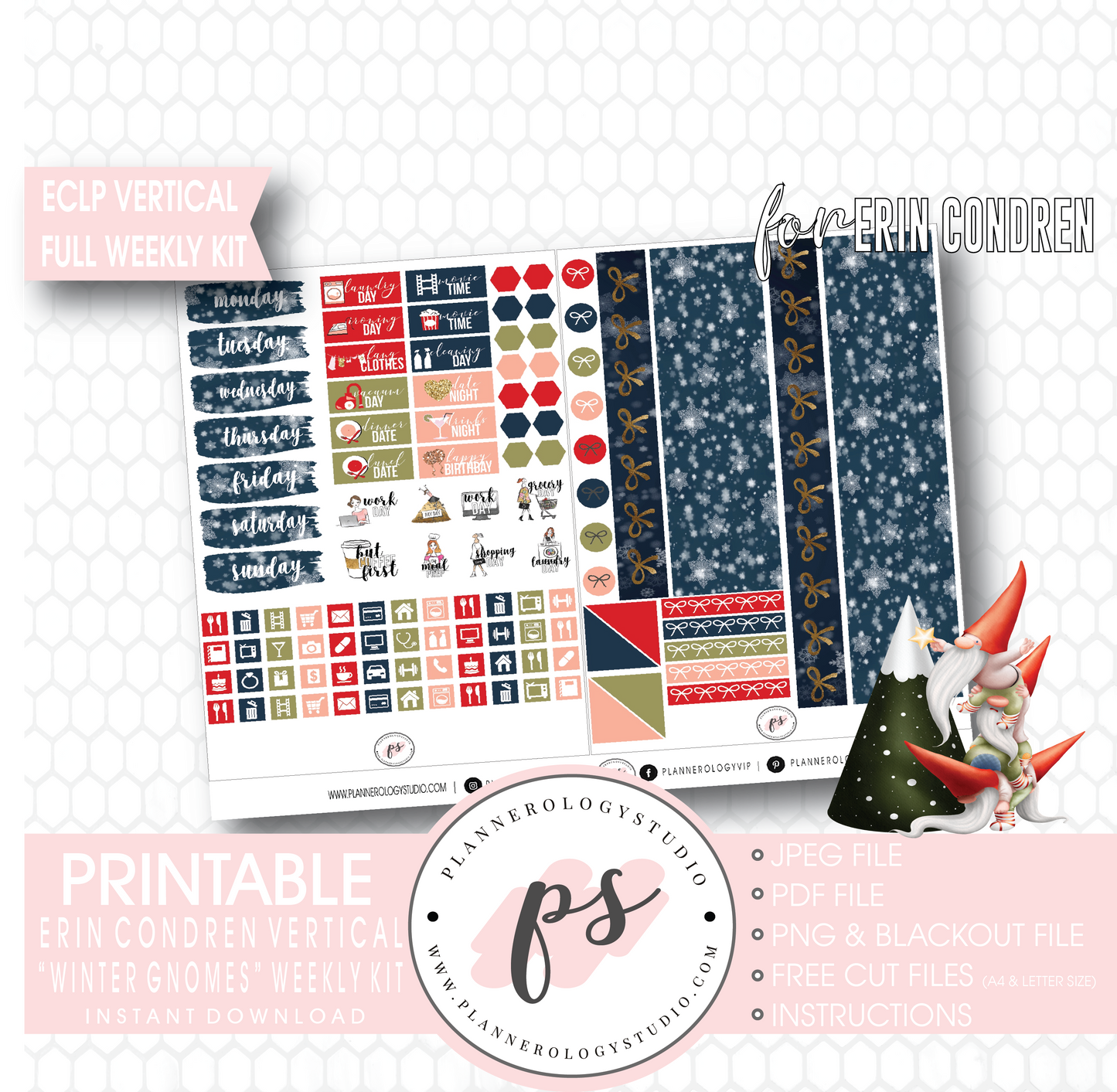 Winter Gnomes Full Weekly Kit Printable Planner Digital Stickers (for use with Erin Condren Vertical) - Plannerologystudio