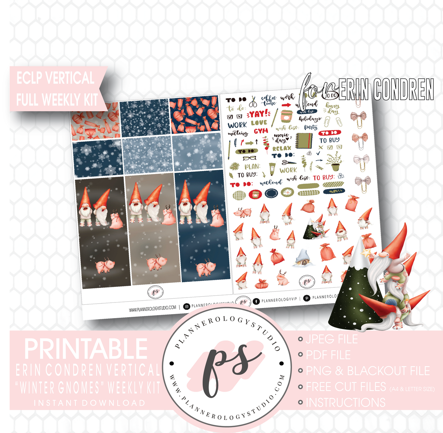Winter Gnomes Full Weekly Kit Printable Planner Digital Stickers (for use with Erin Condren Vertical) - Plannerologystudio