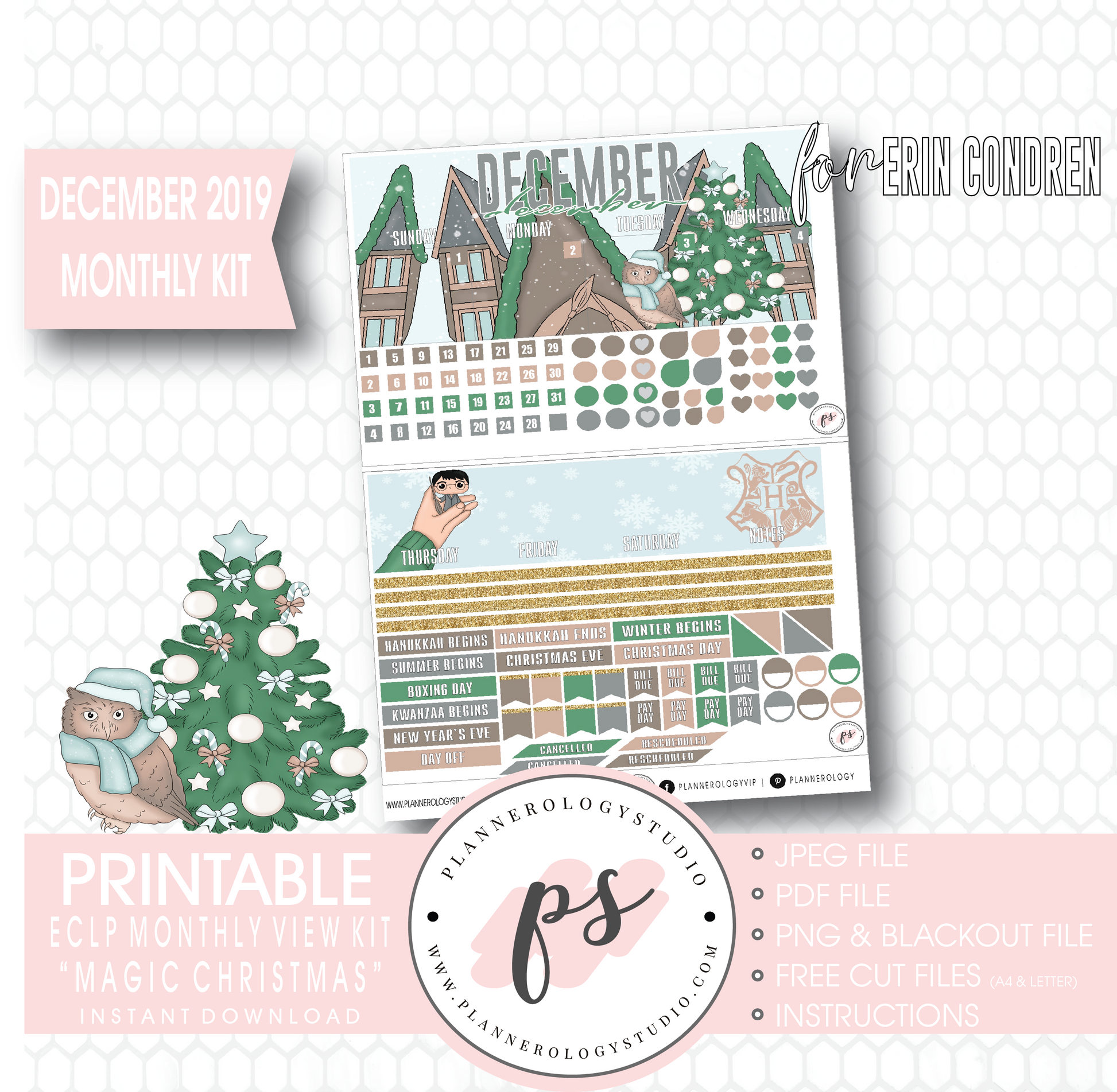 Magic Christmas December 2019 Monthly View Kit Digital Printable Planner Stickers (for use with Erin Condren) - Plannerologystudio