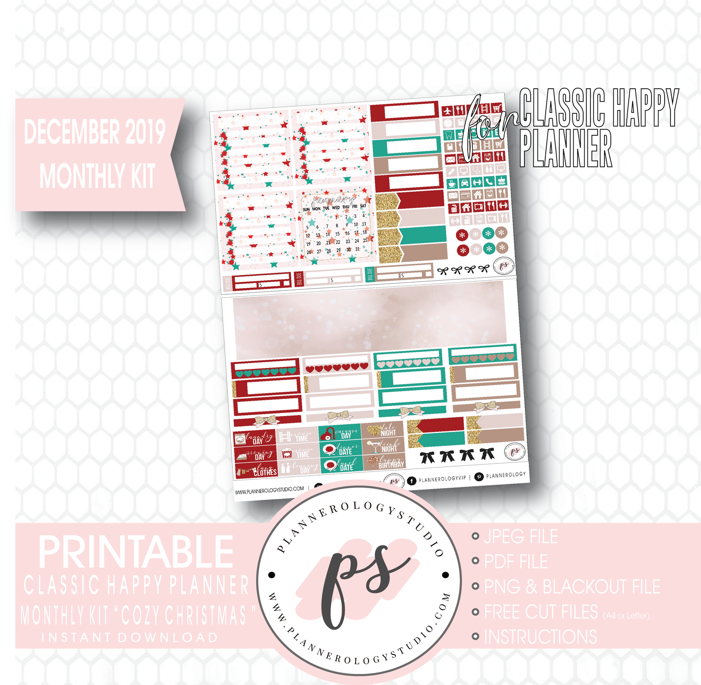 Cozy Christmas December 2019 Monthly View Kit Digital Printable Planner Stickers (for use with Classic Happy Planner) - Plannerologystudio