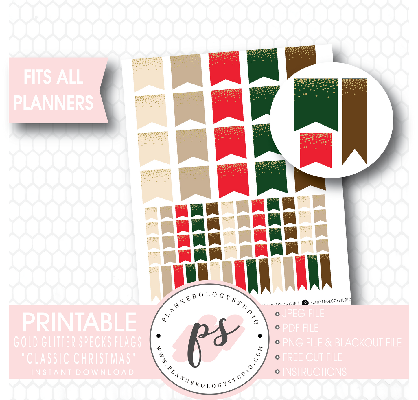 "Classic Christmas" Gold Glitter Specks Flags Printable Digital Planner Stickers - Plannerologystudio