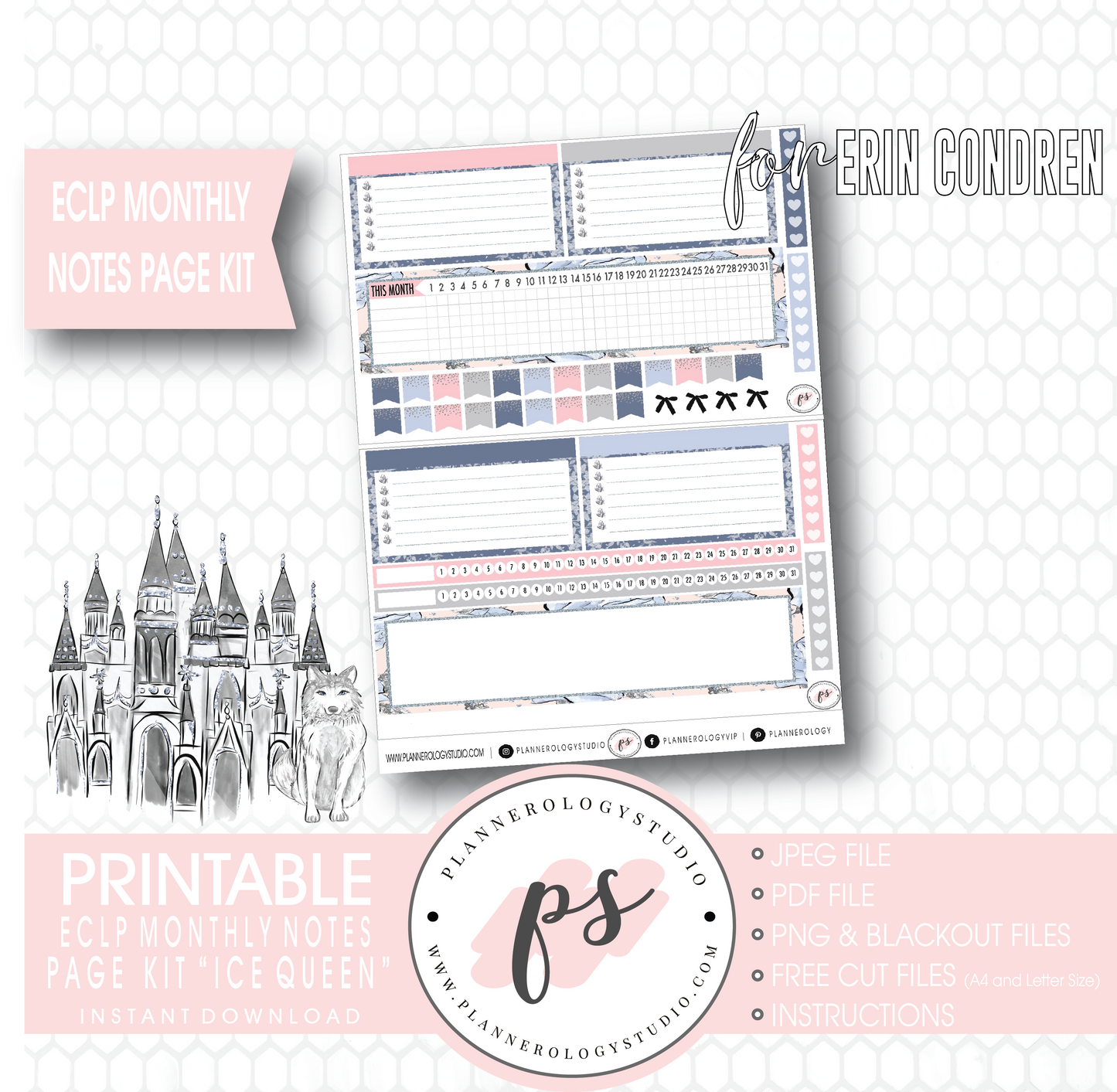 Ice Queen Monthly Notes Page Kit Digital Printable Planner Stickers (for use with Erin Condren) - Plannerologystudio