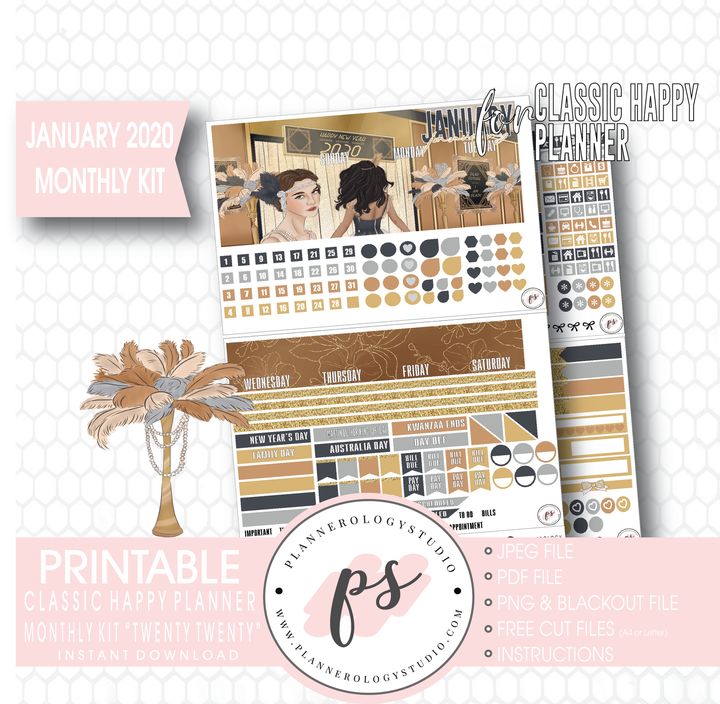 Twenty Twenty (New Years) January 2020 Monthly View Kit Digital Printable Planner Stickers (for use with Classic Happy Planner) - Plannerologystudio