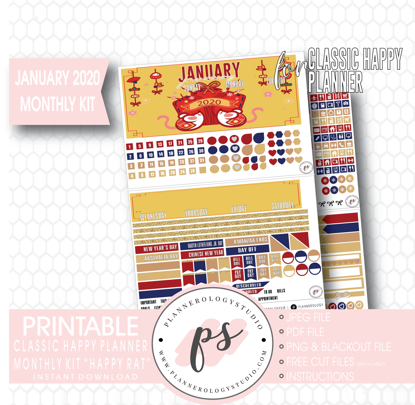 Happy Rat (Chinese/Lunar New Year) January 2020 Monthly View Kit Digital Printable Planner Stickers (for use with Classic Happy Planner) - Plannerologystudio