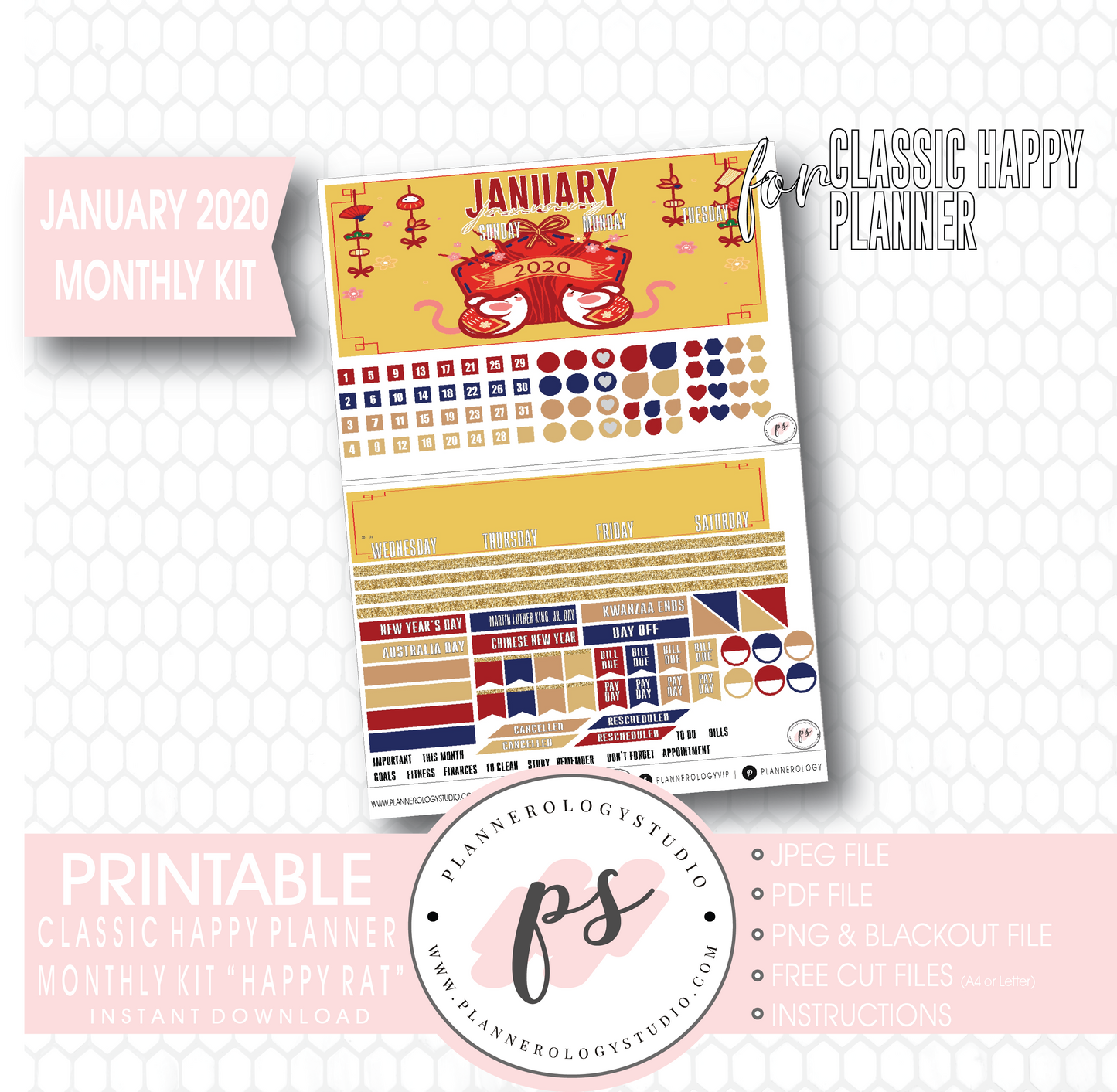 Happy Rat (Chinese/Lunar New Year) January 2020 Monthly View Kit Digital Printable Planner Stickers (for use with Classic Happy Planner) - Plannerologystudio