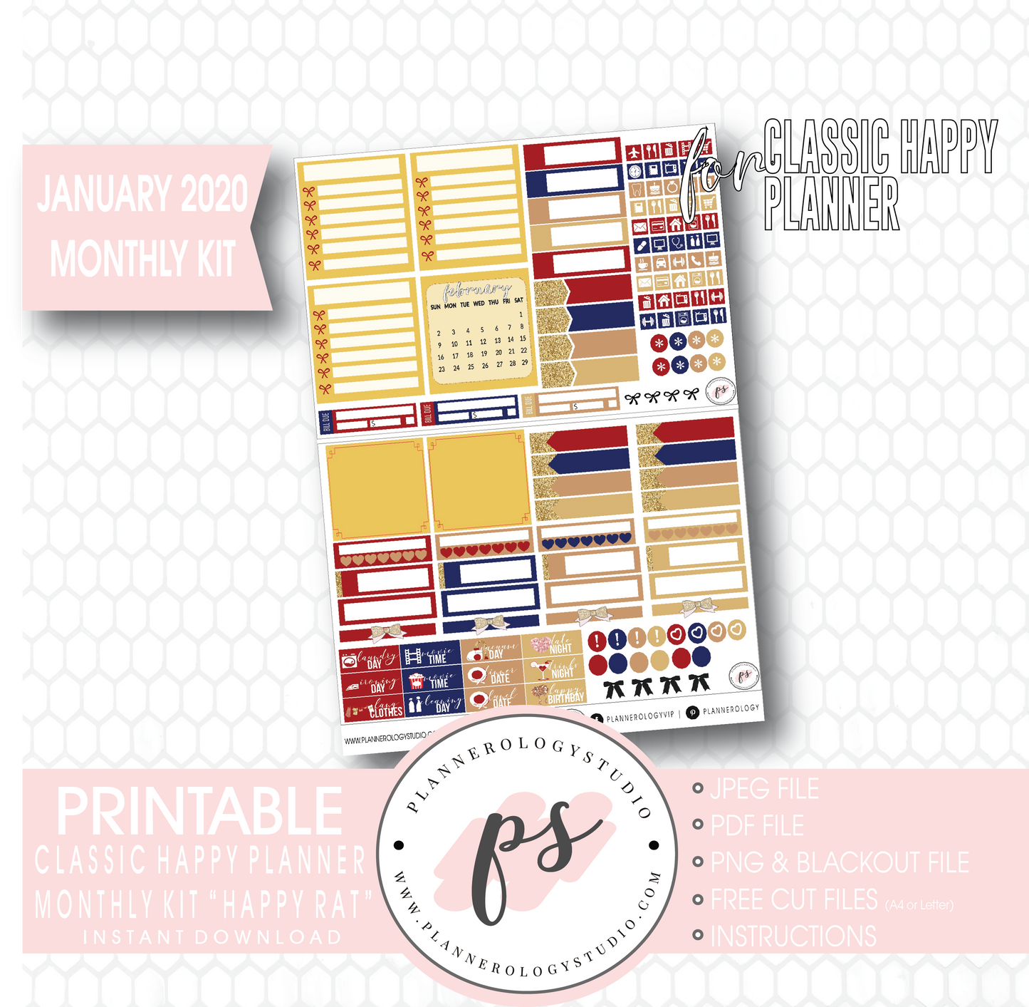 Happy Rat (Chinese/Lunar New Year) January 2020 Monthly View Kit Digital Printable Planner Stickers (for use with Classic Happy Planner) - Plannerologystudio