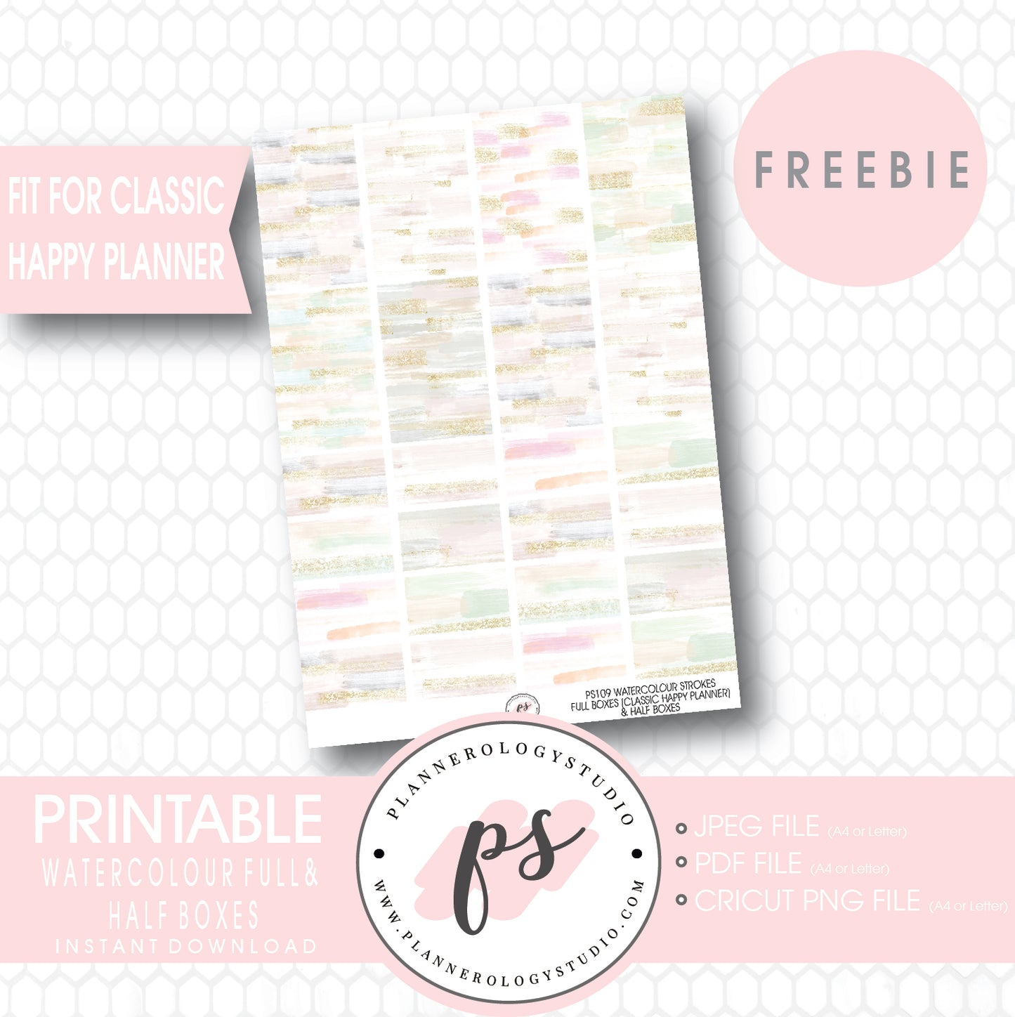 Watercolour Brushstrokes Full & Half Boxes Printable Planner Stickers (PDF/JPG/PNG Freebie) (for Classic Happy Planner) - Plannerologystudio