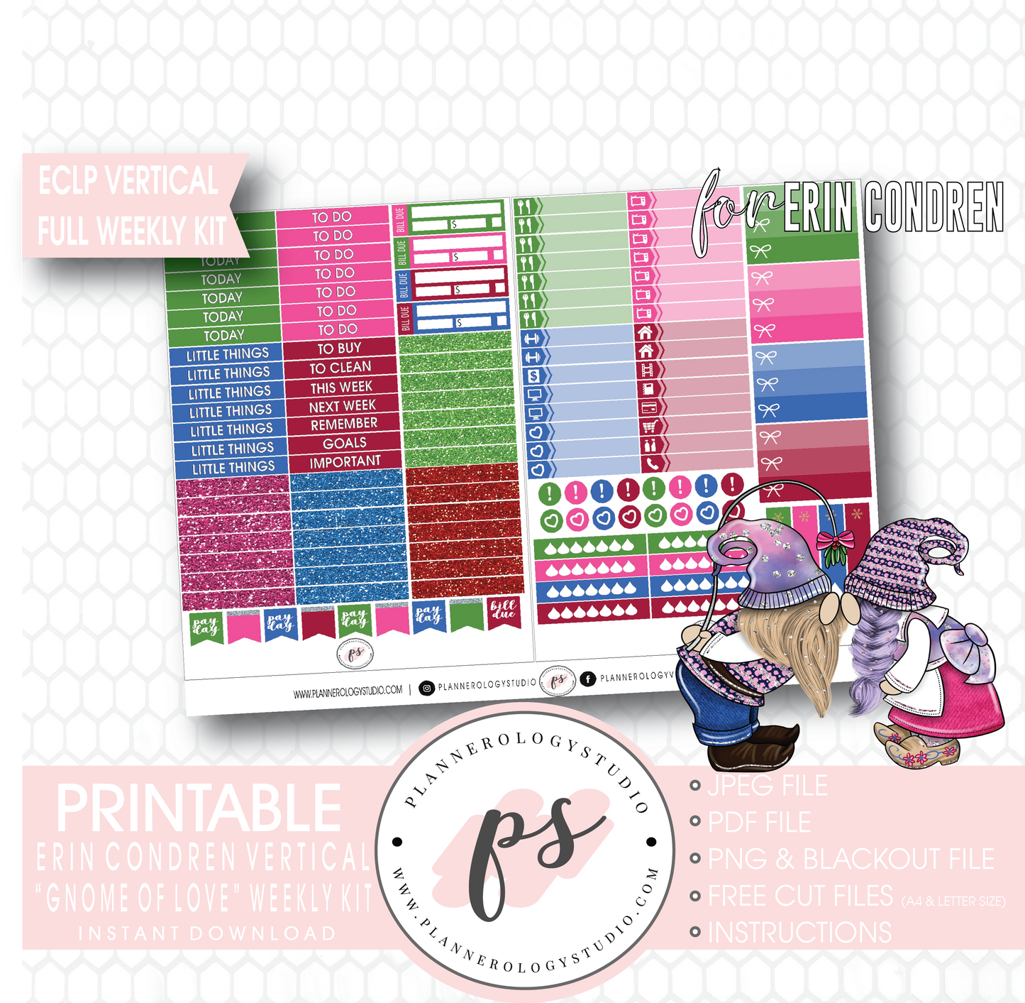 Gnome of Love Valentine's Day Full Weekly Kit Printable Planner Digital Stickers (for use with Erin Condren Vertical) - Plannerologystudio