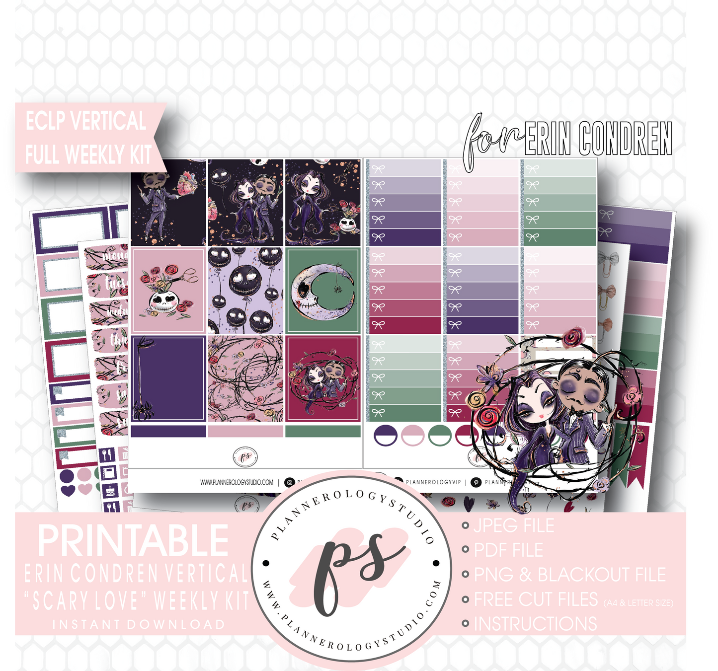 Scary Love (Valentine's Day) Full Weekly Kit Printable Planner Digital Stickers (for use with Erin Condren Vertical) - Plannerologystudio
