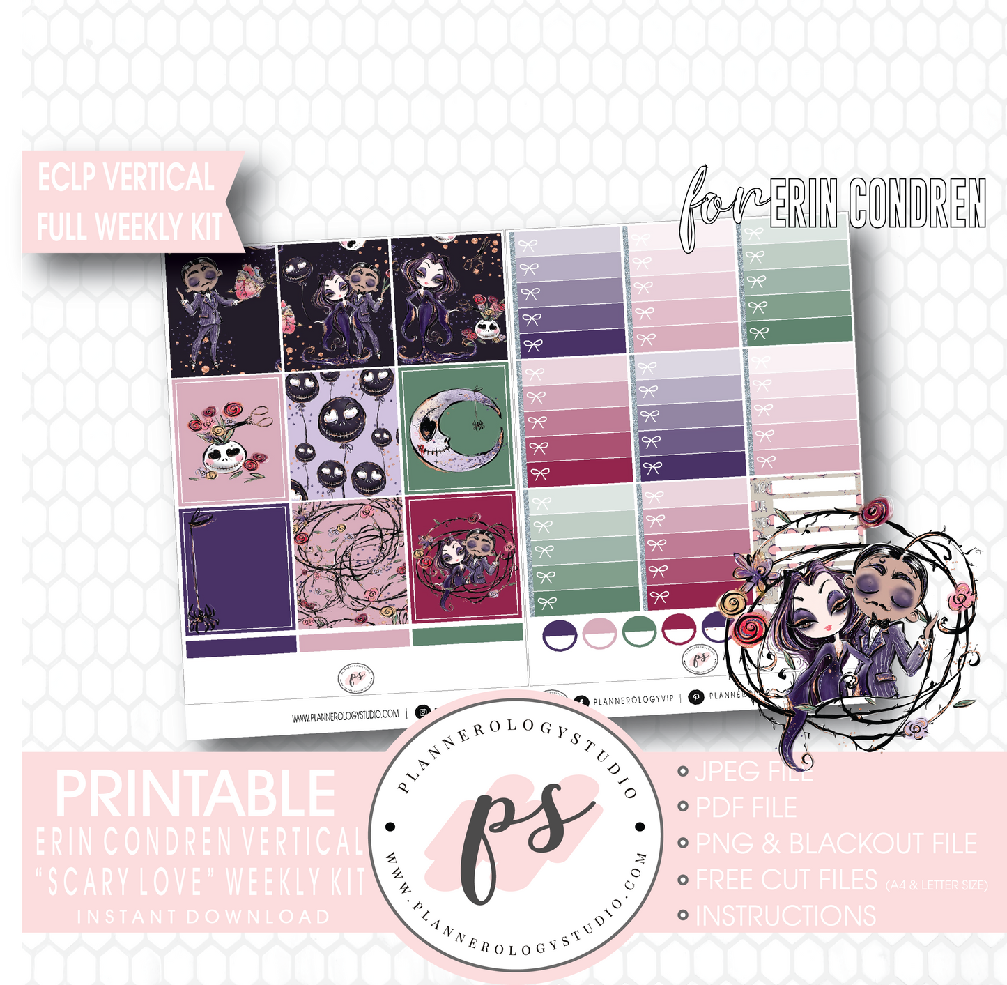 Scary Love (Valentine's Day) Full Weekly Kit Printable Planner Digital Stickers (for use with Erin Condren Vertical) - Plannerologystudio