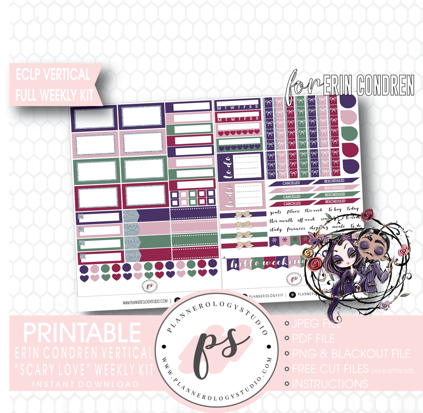 Scary Love (Valentine's Day) Full Weekly Kit Printable Planner Digital Stickers (for use with Erin Condren Vertical) - Plannerologystudio