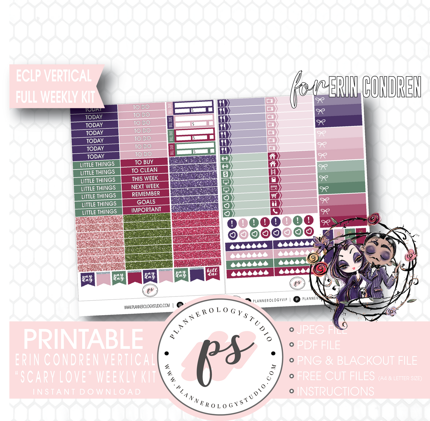 Scary Love (Valentine's Day) Full Weekly Kit Printable Planner Digital Stickers (for use with Erin Condren Vertical) - Plannerologystudio