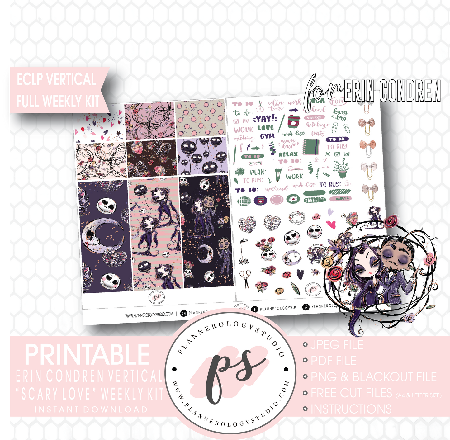 Scary Love (Valentine's Day) Full Weekly Kit Printable Planner Digital Stickers (for use with Erin Condren Vertical) - Plannerologystudio