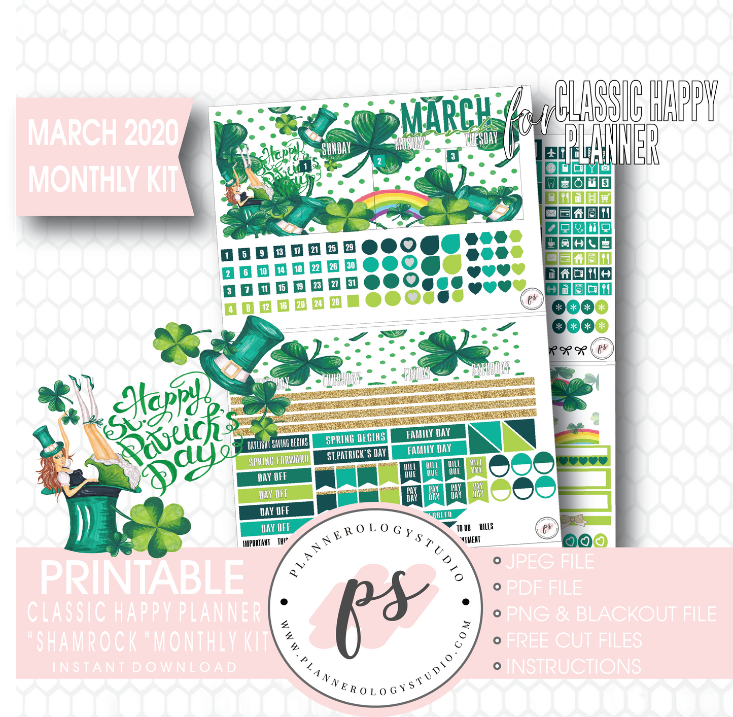 Shamrock St Patrick's Day March 2020 Monthly View Kit Digital Printable Planner Stickers (for use with Classic Happy Planner) - Plannerologystudio