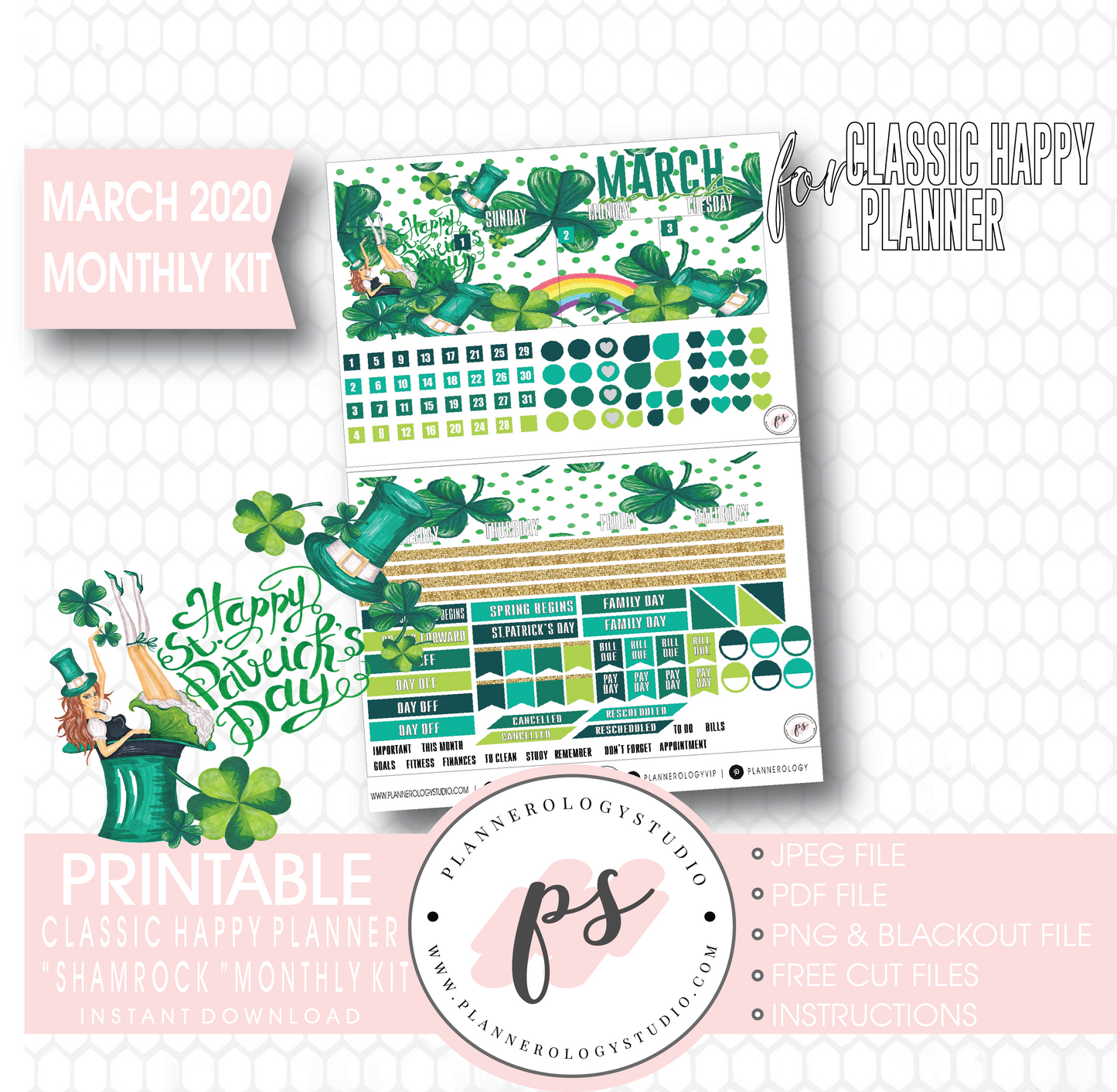 Shamrock St Patrick's Day March 2020 Monthly View Kit Digital Printable Planner Stickers (for use with Classic Happy Planner) - Plannerologystudio