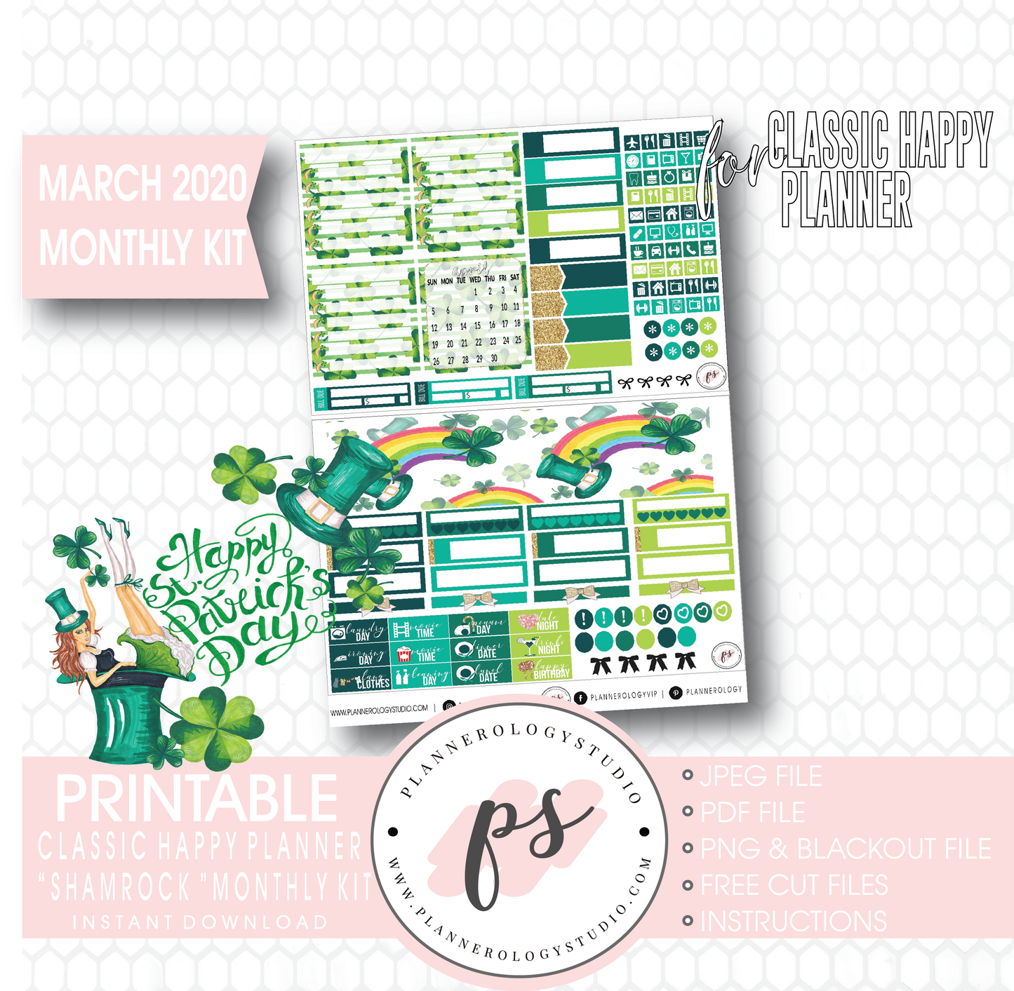 Shamrock St Patrick's Day March 2020 Monthly View Kit Digital Printable Planner Stickers (for use with Classic Happy Planner) - Plannerologystudio
