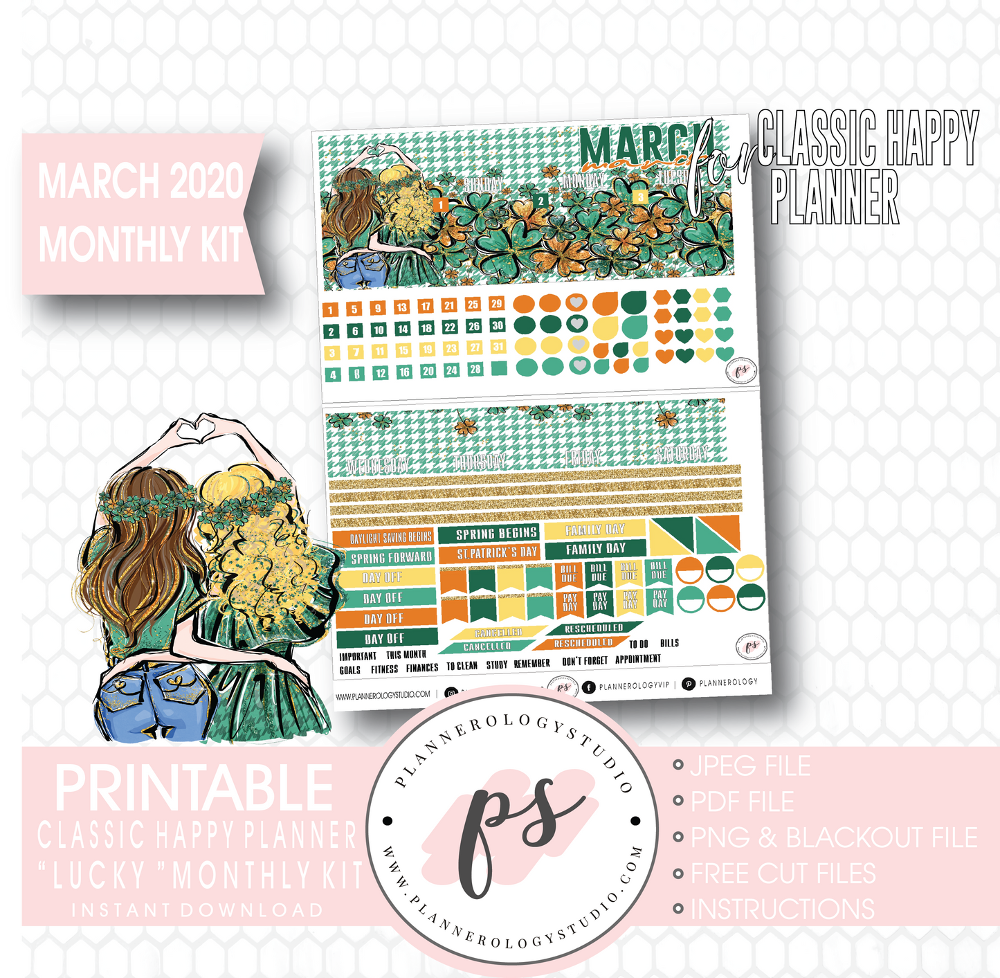 Lucky St Patrick's Day March 2020 Monthly View Kit Digital Printable Planner Stickers (for use with Classic Happy Planner) - Plannerologystudio