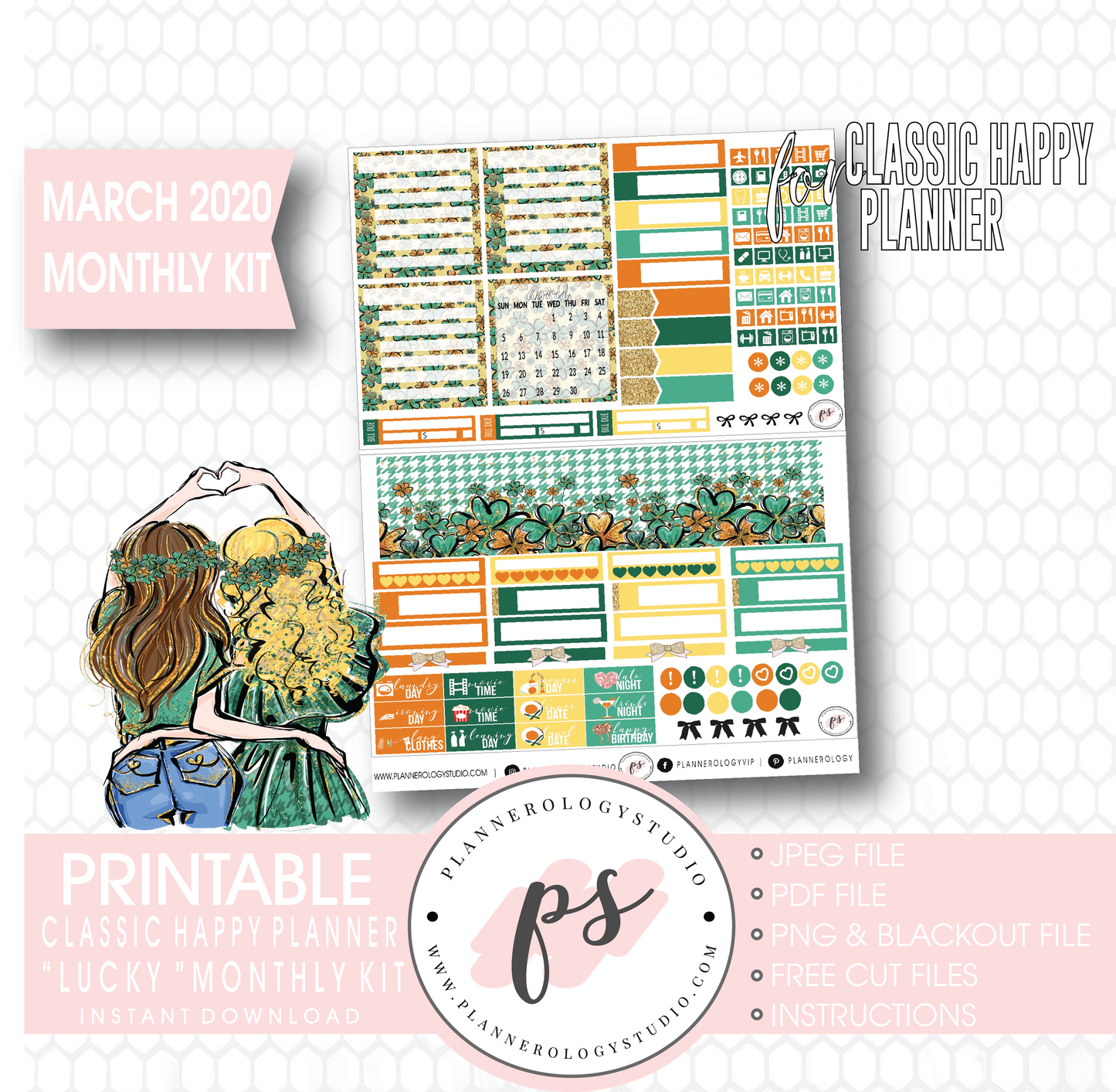 Lucky St Patrick's Day March 2020 Monthly View Kit Digital Printable Planner Stickers (for use with Classic Happy Planner) - Plannerologystudio