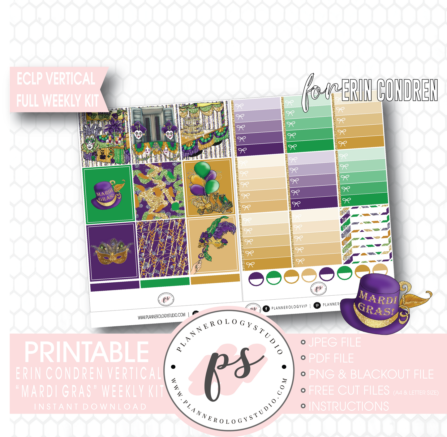 Mardi Gras Full Weekly Kit Printable Planner Digital Stickers (for use with Erin Condren Vertical) - Plannerologystudio