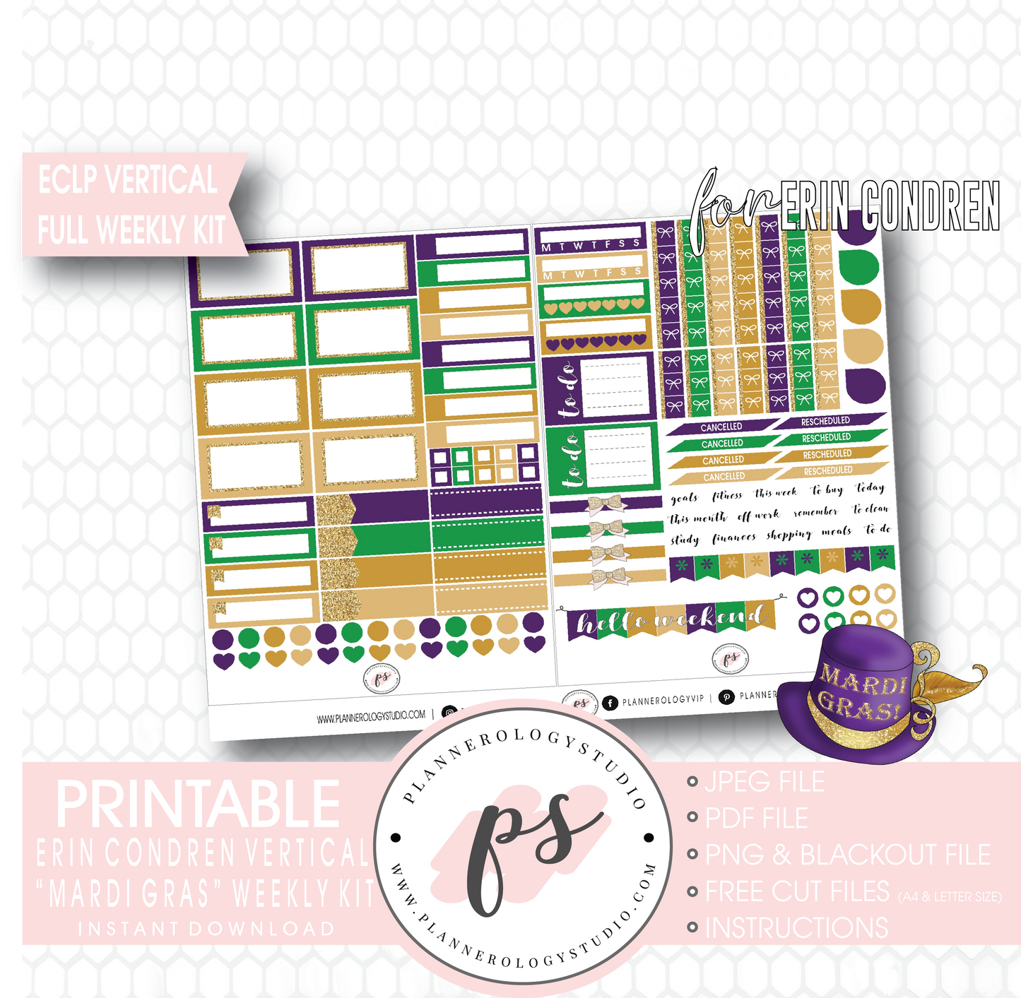 Mardi Gras Full Weekly Kit Printable Planner Digital Stickers (for use with Erin Condren Vertical) - Plannerologystudio