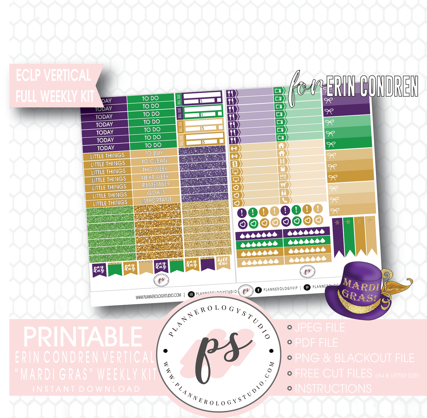 Mardi Gras Full Weekly Kit Printable Planner Digital Stickers (for use with Erin Condren Vertical) - Plannerologystudio