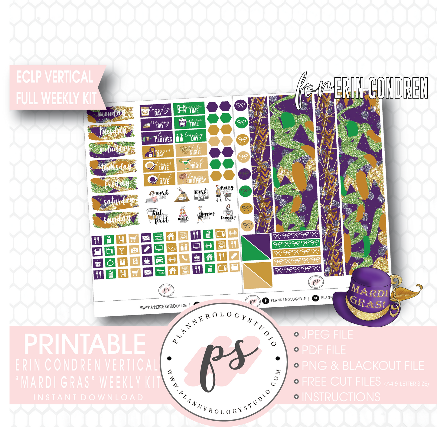 Mardi Gras Full Weekly Kit Printable Planner Digital Stickers (for use with Erin Condren Vertical) - Plannerologystudio