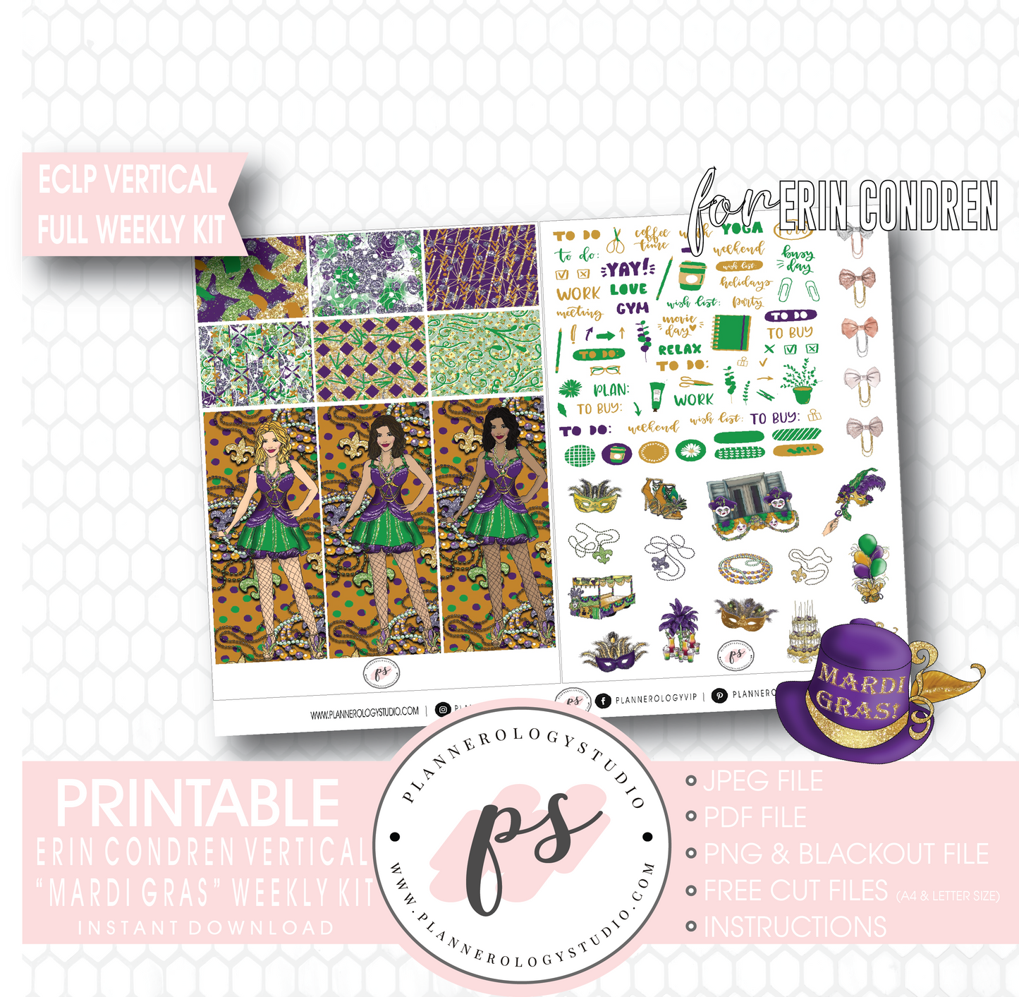 Mardi Gras Full Weekly Kit Printable Planner Digital Stickers (for use with Erin Condren Vertical) - Plannerologystudio
