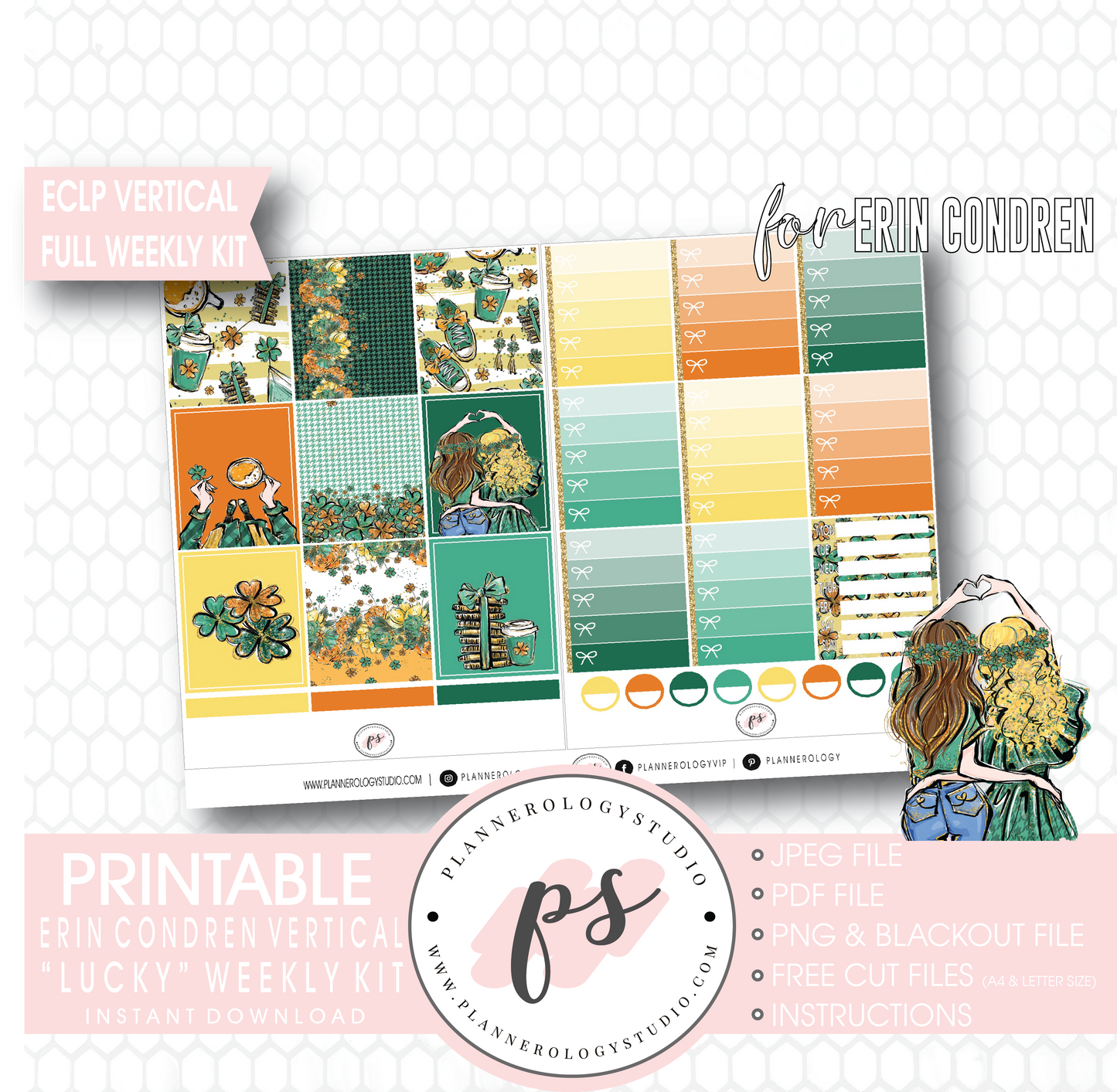 Lucky (St Patrick's Day) Full Weekly Kit Printable Planner Digital Stickers (for use with Erin Condren Vertical) - Plannerologystudio