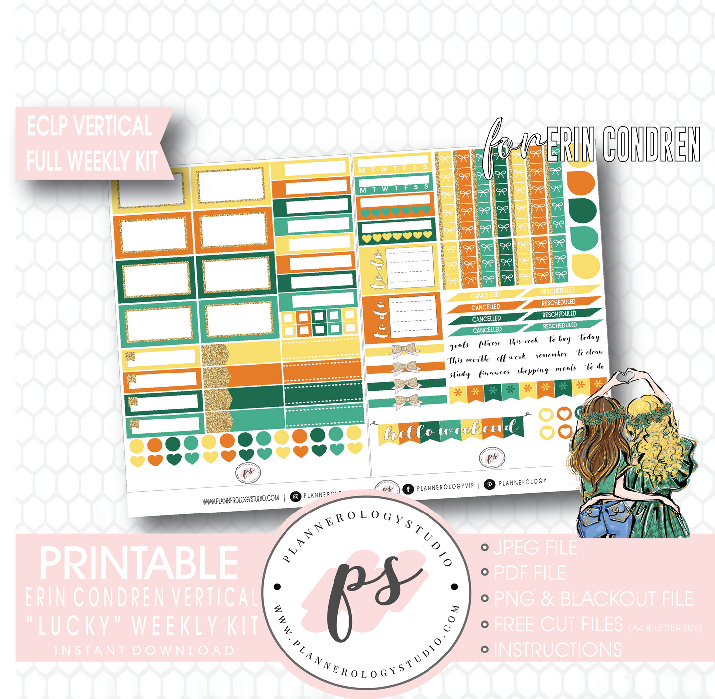 Lucky (St Patrick's Day) Full Weekly Kit Printable Planner Digital Stickers (for use with Erin Condren Vertical) - Plannerologystudio