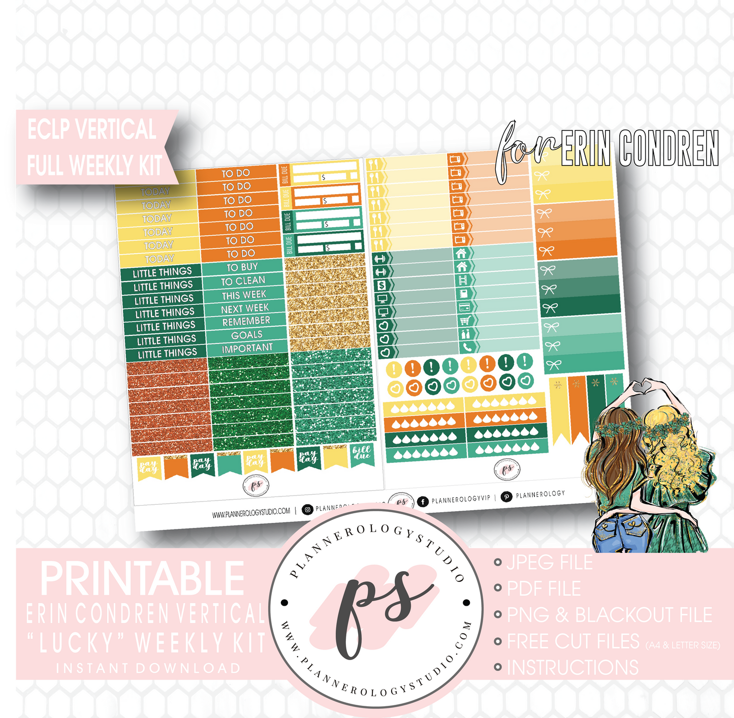 Lucky (St Patrick's Day) Full Weekly Kit Printable Planner Digital Stickers (for use with Erin Condren Vertical) - Plannerologystudio
