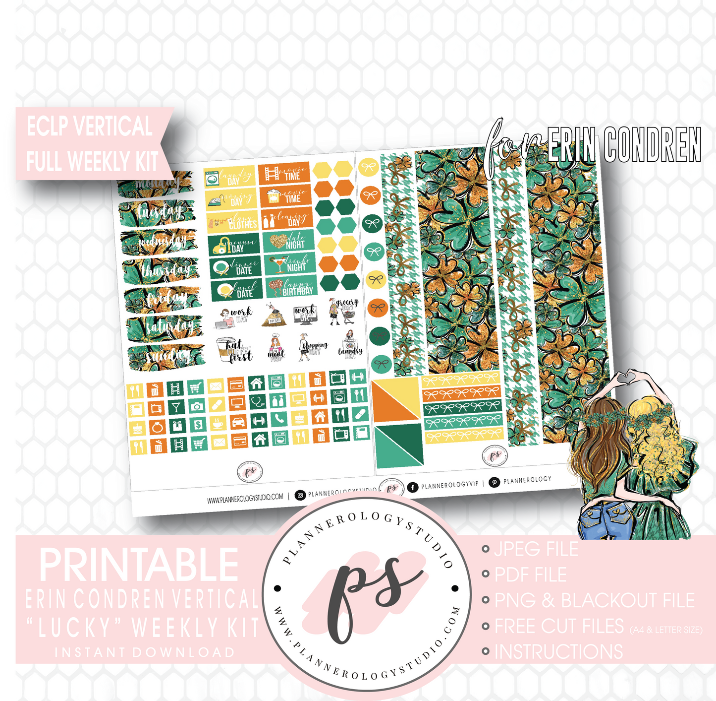 Lucky (St Patrick's Day) Full Weekly Kit Printable Planner Digital Stickers (for use with Erin Condren Vertical) - Plannerologystudio