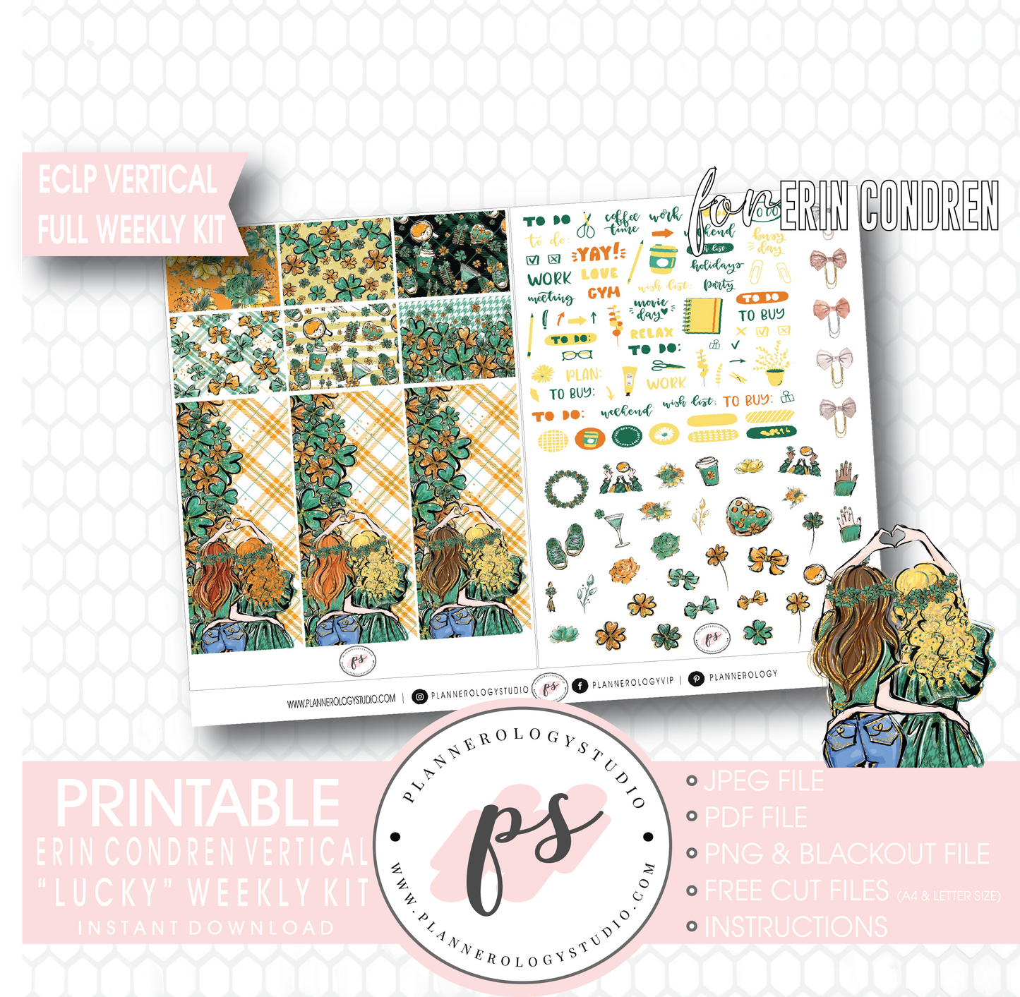 Lucky (St Patrick's Day) Full Weekly Kit Printable Planner Digital Stickers (for use with Erin Condren Vertical) - Plannerologystudio