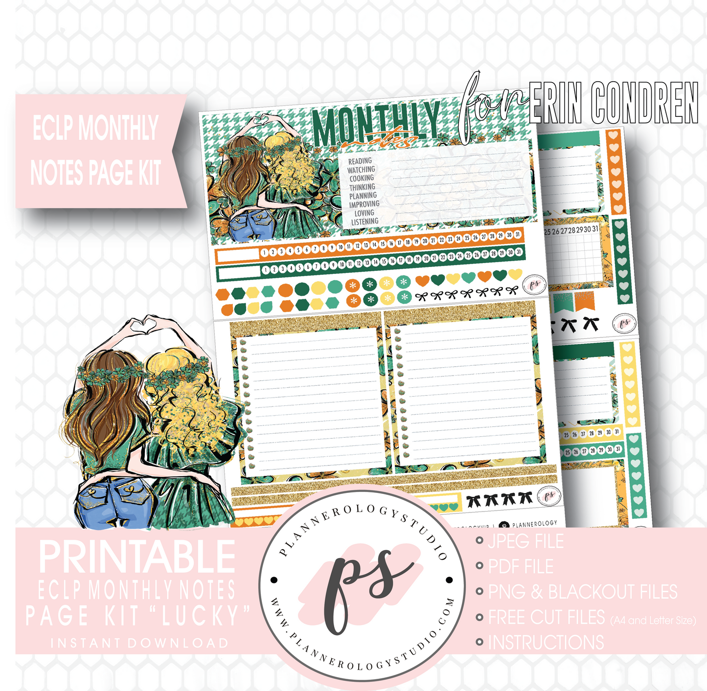 Lucky (St Patrick's Day) Monthly Notes Page Kit Digital Printable Planner Stickers (for use with ECLP) - Plannerologystudio