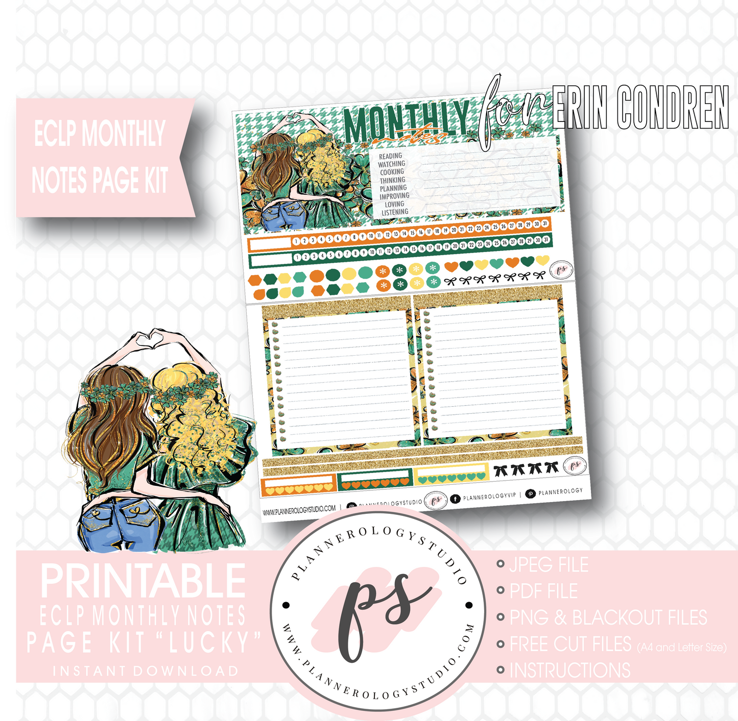 Lucky (St Patrick's Day) Monthly Notes Page Kit Digital Printable Planner Stickers (for use with ECLP) - Plannerologystudio