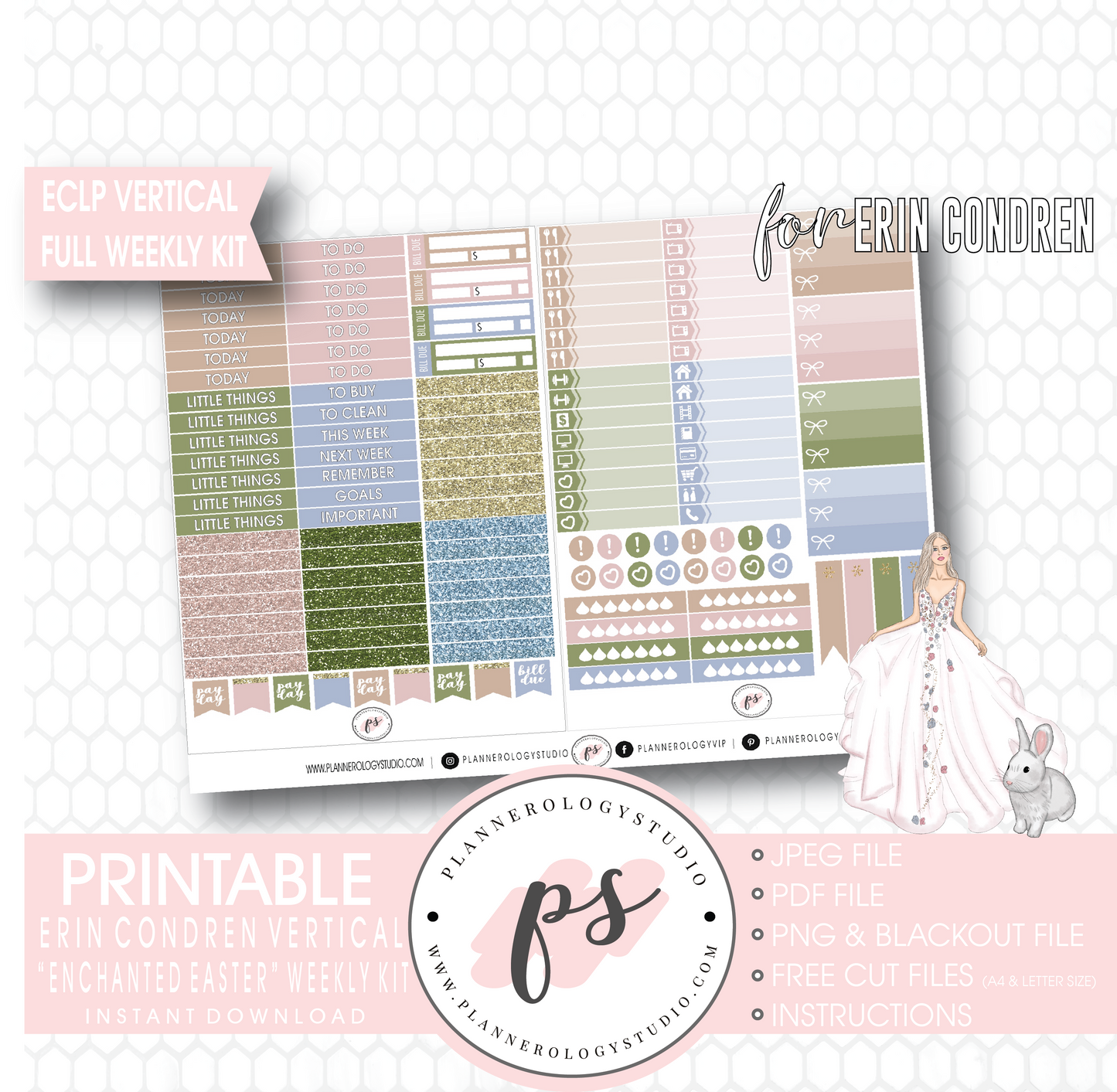 Enchanted Easter Full Weekly Kit Printable Planner Digital Stickers (for use with Erin Condren Vertical) - Plannerologystudio