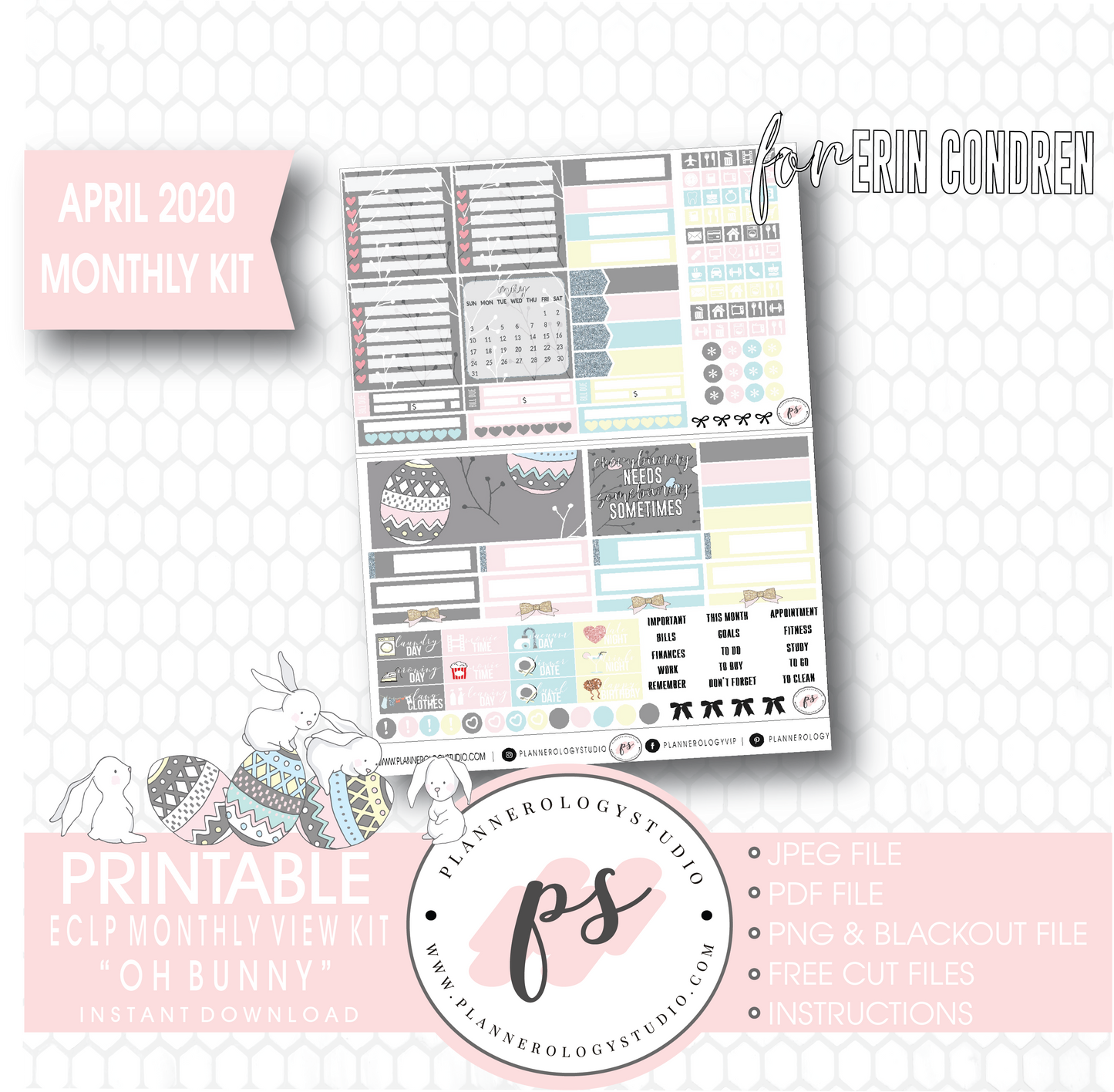 Oh Bunny April 2020 (Easter) Monthly View Kit Digital Printable Planner Stickers (for use with Erin Condren) - Plannerologystudio