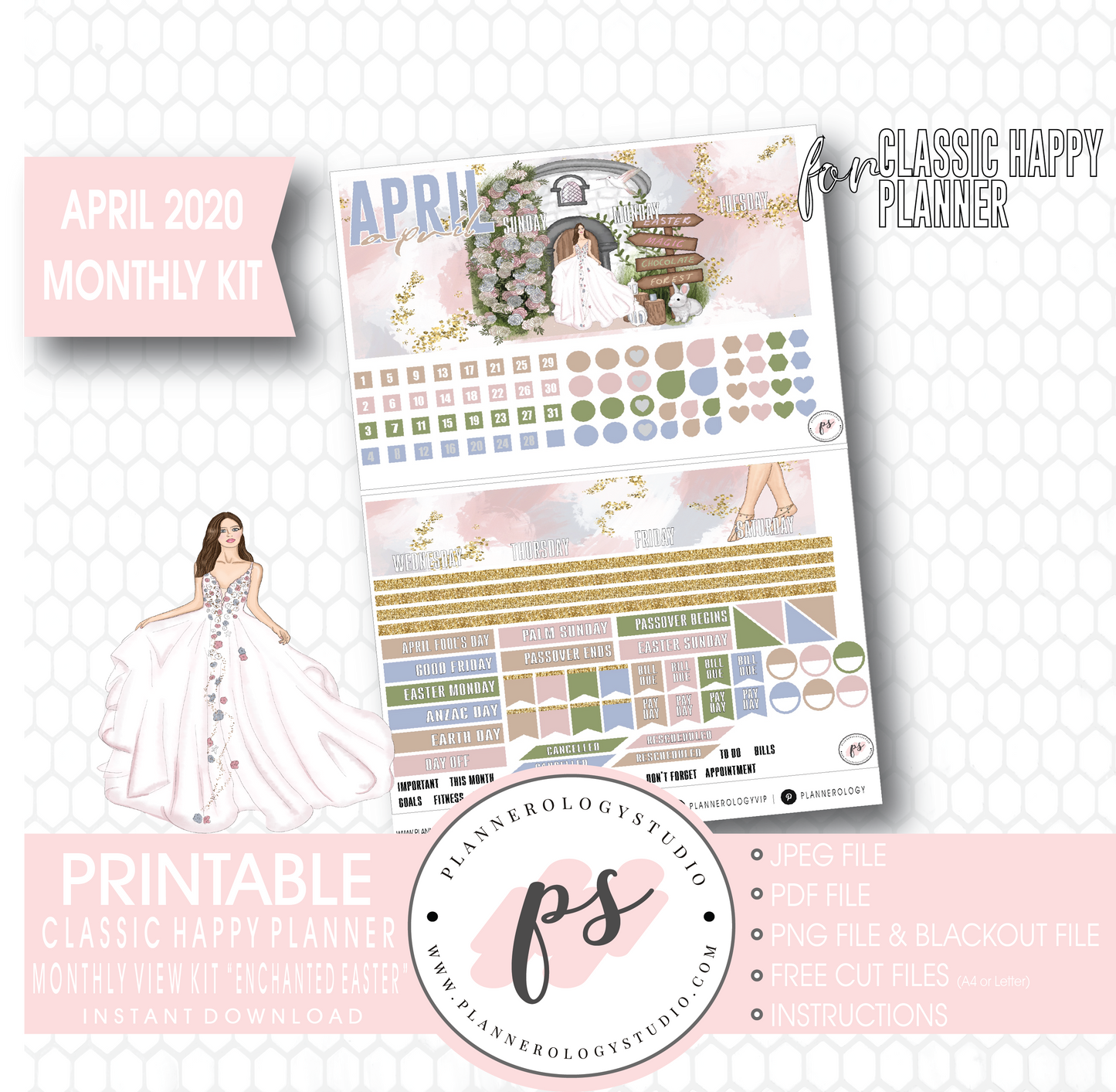Enchanted Easter April 2020 (Easter) Monthly View Kit Digital Printable Planner Stickers (for use with Classic Happy Planner) - Plannerologystudio