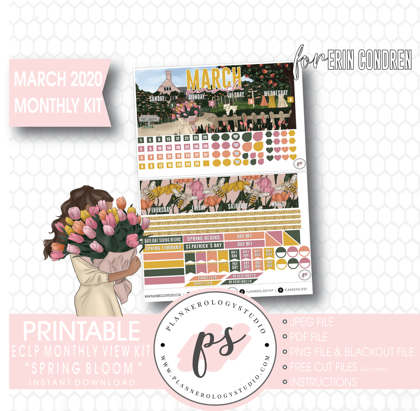 Spring Bloom March 2020 Monthly View Kit Digital Printable Planner Stickers (for use with Erin Condren) - Plannerologystudio