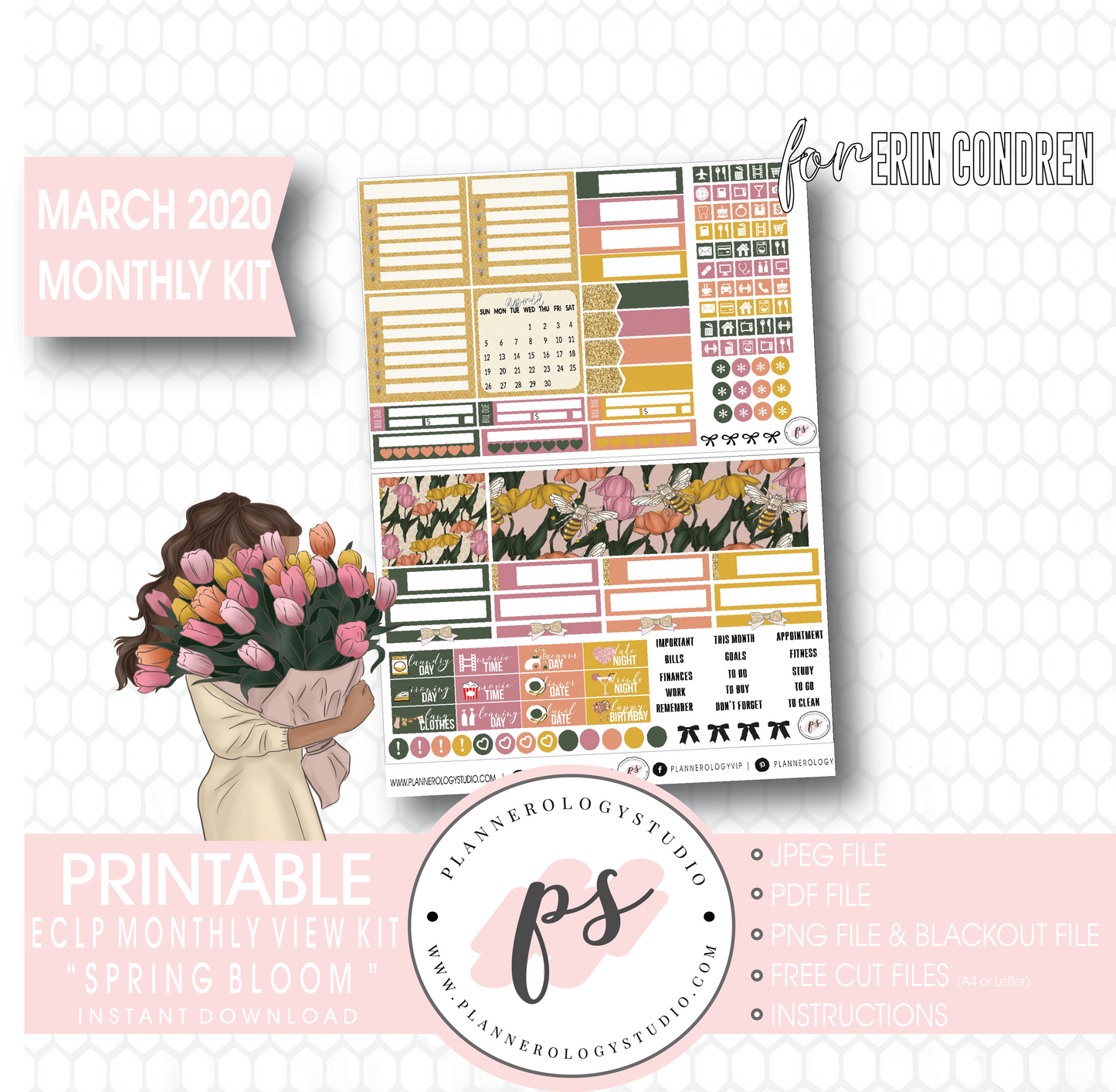 Spring Bloom March 2020 Monthly View Kit Digital Printable Planner Stickers (for use with Erin Condren) - Plannerologystudio