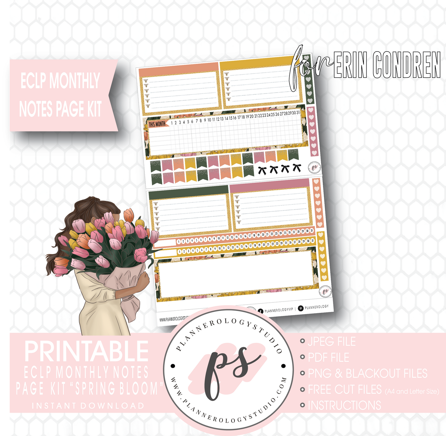 Spring Bloom Monthly Notes Page Kit Digital Printable Planner Stickers (for use with ECLP) - Plannerologystudio