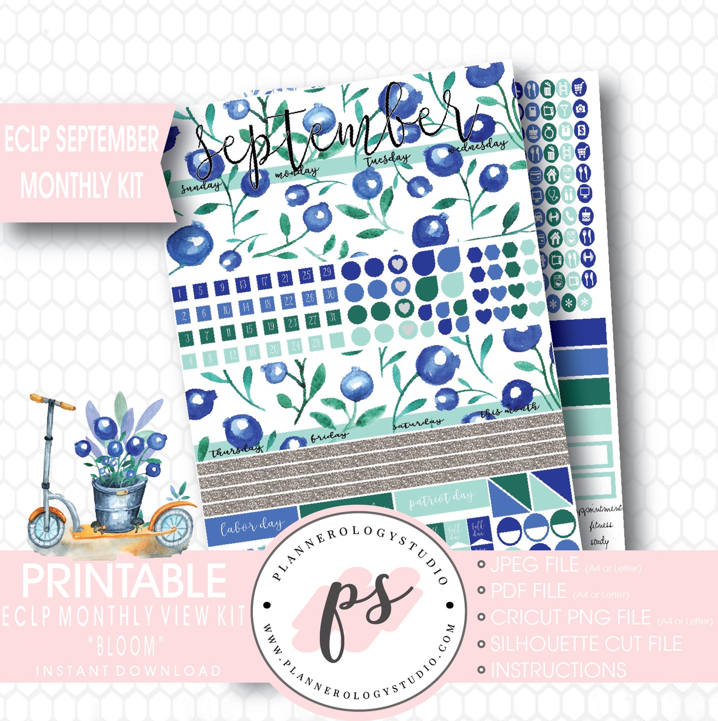 "Bloom" September 2017 Monthly View Kit Printable Planner Stickers (for use with ECLP) - Plannerologystudio